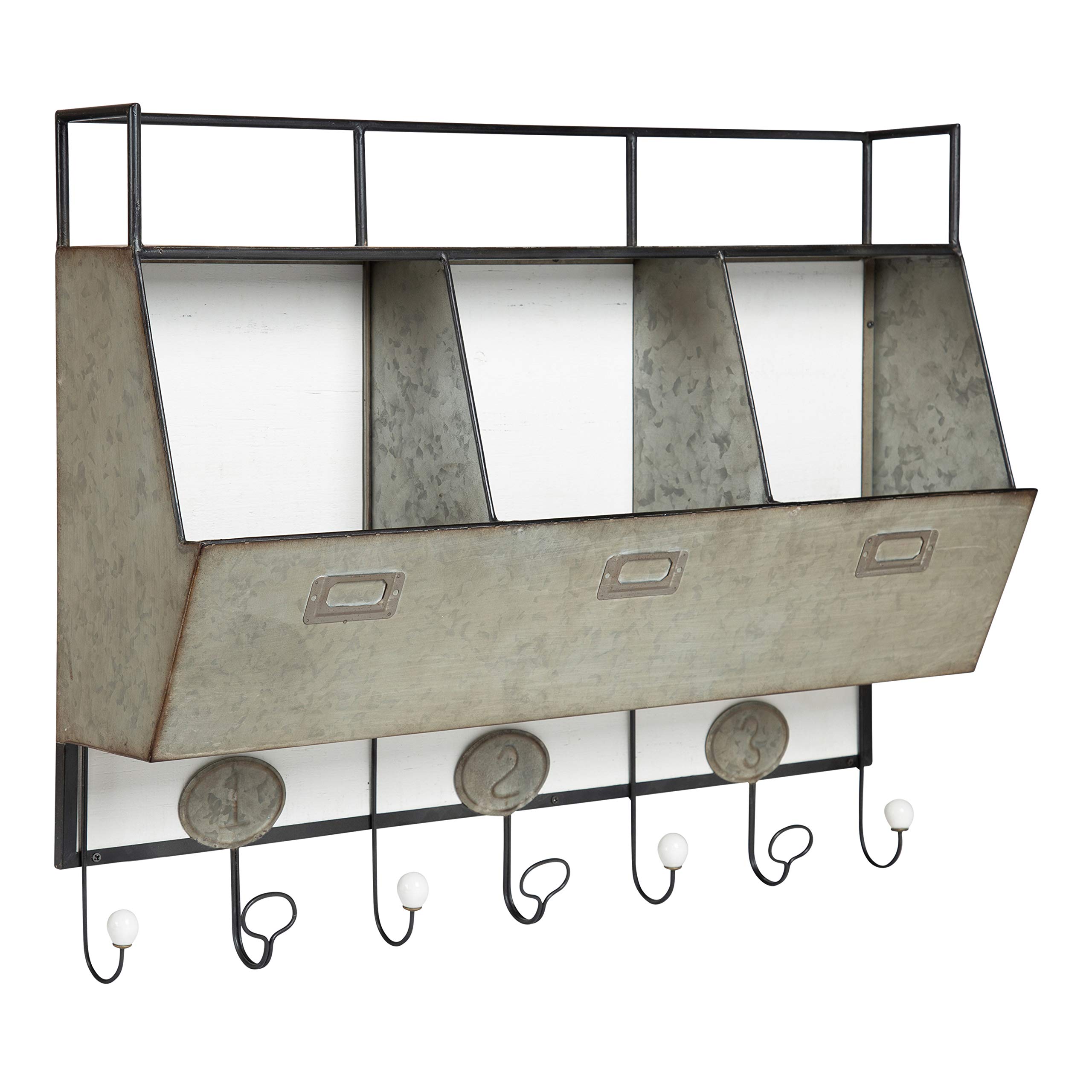 Kate and Laurel Arnica Antique White Wood & Metal Wall Organizer with Hooks - Perfect for Entryway, Bathroom & Bedroom Storage