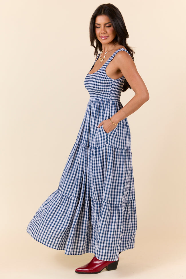 Navy Blue Gingham Maxi Dress for Women - Flowy Summer Beach Dress, Church Outfit & Casual Sundress - FINAL SALE
