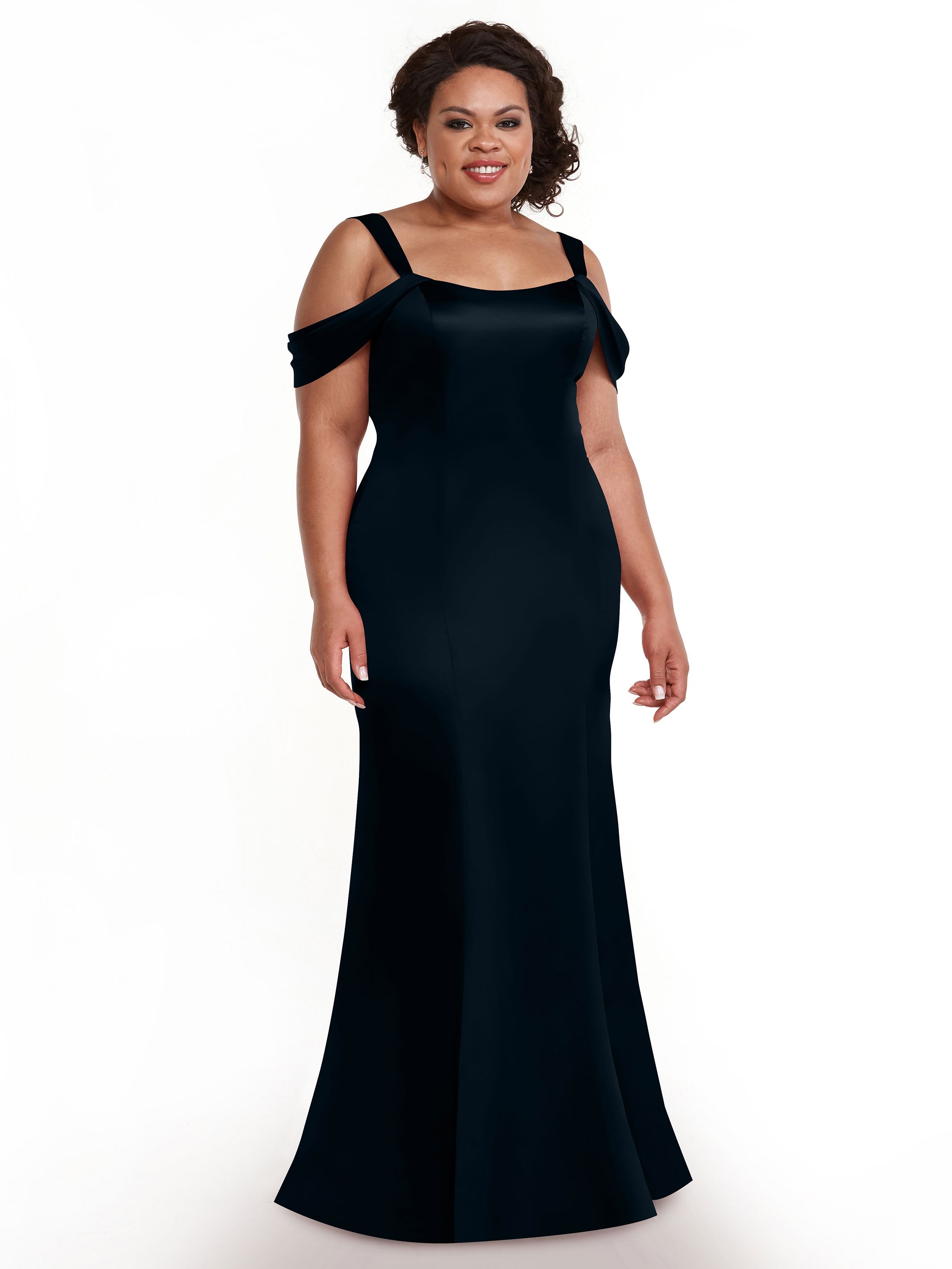 Elegant 80151 Fitted Satin Bridesmaid Dress with Off-The-Shoulder Sleeves - Perfect for Weddings, Formal Events & Special Occasions
