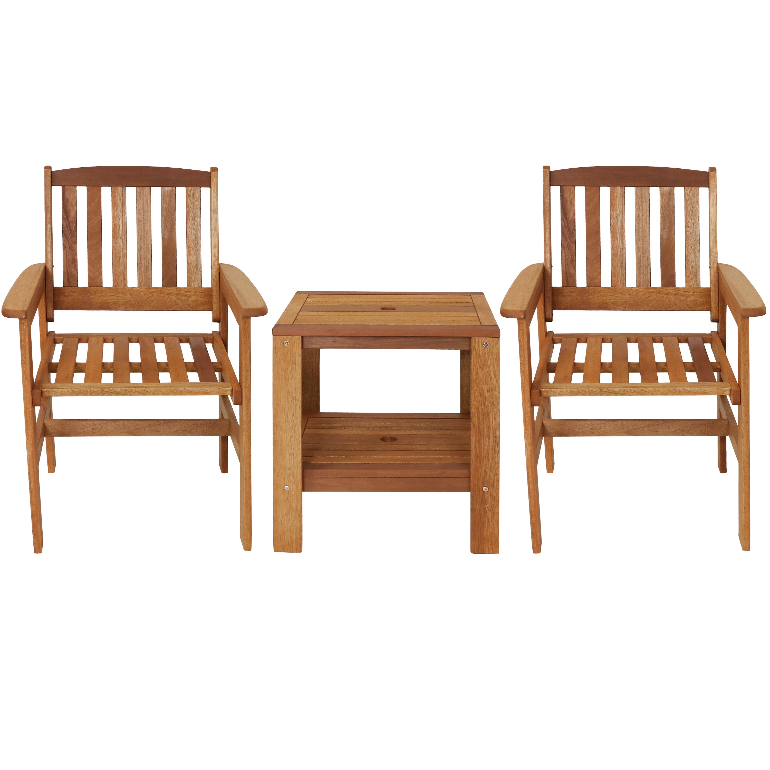 Sunnydaze Meranti Wood 3-Piece Outdoor Patio Conversation Set - Durable Garden Furniture for Backyard, Deck, or Poolside Relaxation