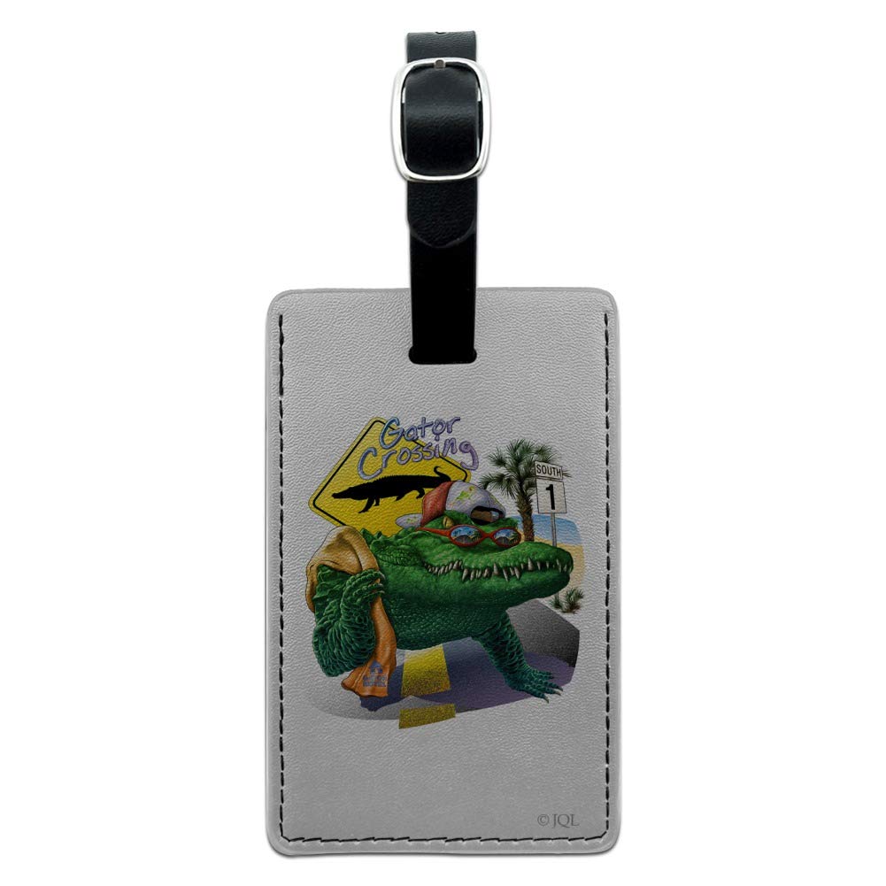 Alligator Leather Luggage Tag - Rectangle ID Card Holder with Gator Crossing Sunglasses Design - Perfect for Travel, Suitcases, Backpacks & Gift Giving