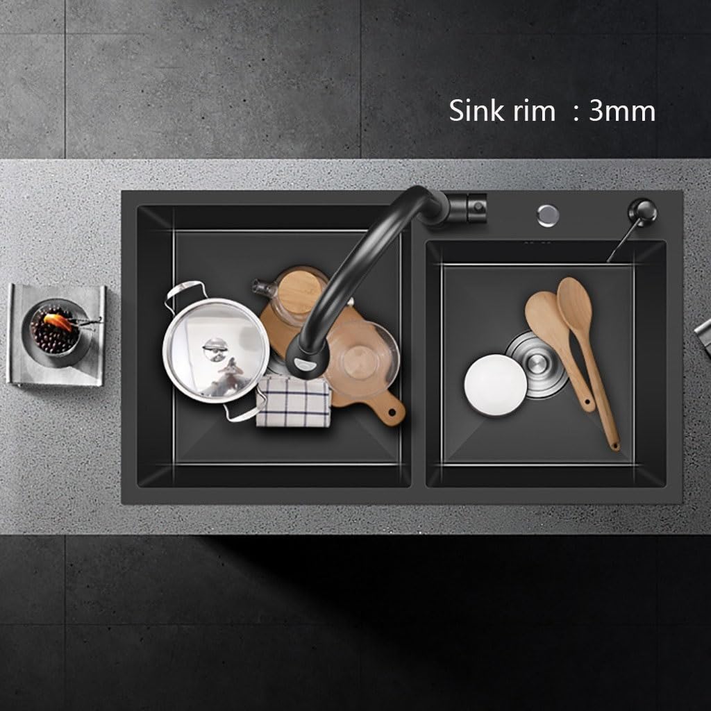 Premium 28x16x8.3 Inch Stainless Steel Undermount Double Bowl Kitchen Sink with Drain Tray - Black Nano Coating, Heavy Duty for Modern Homes - Perfect for Meal Prep, Washing Dishes & Entertaining
