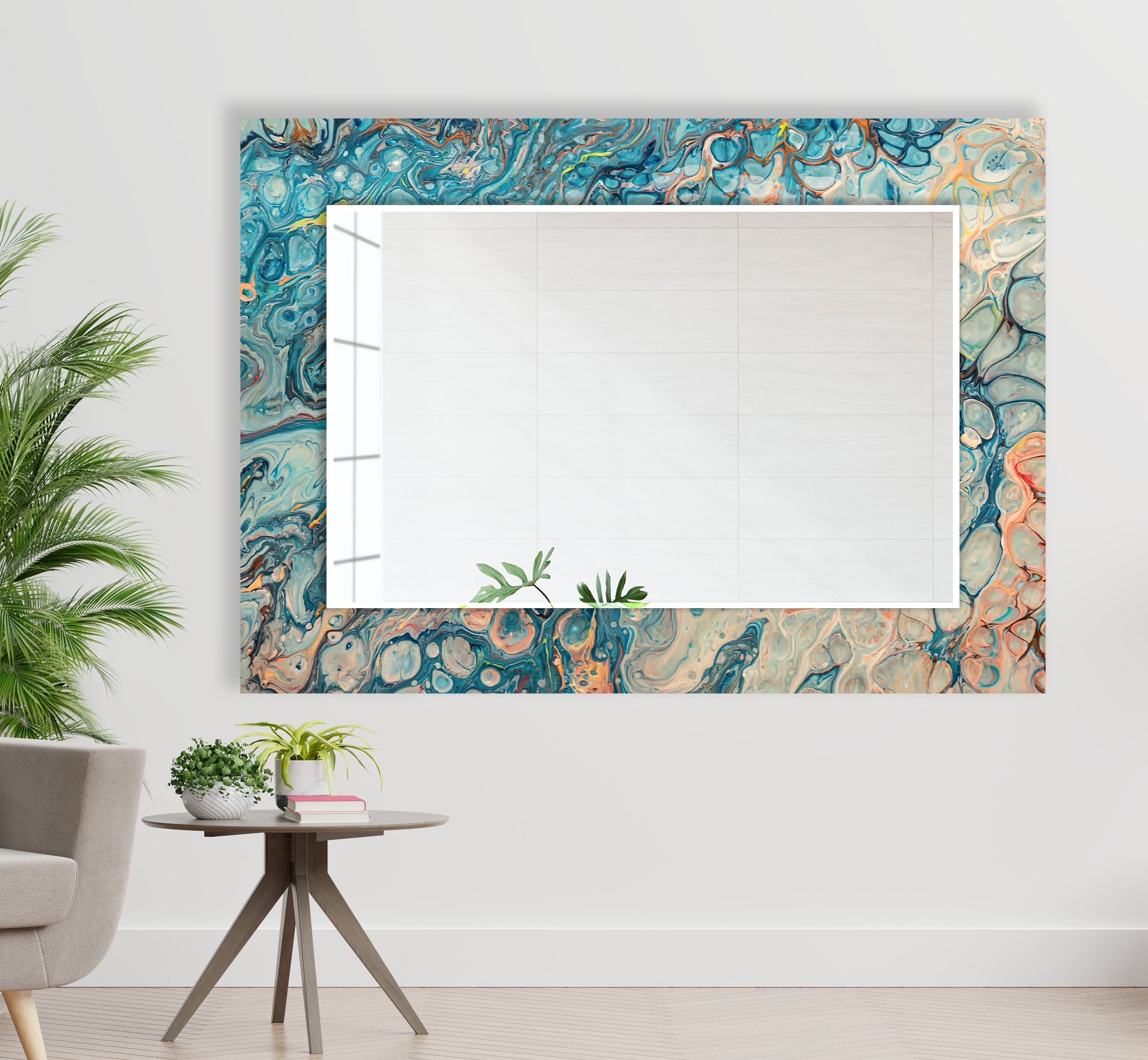 Blue & Beige Abstract Wall Mirror - Modern Decorative Round Mirror for Living Room, Bedroom, Entryway - Boho Home Decor Accent Piece for Wall Hanging