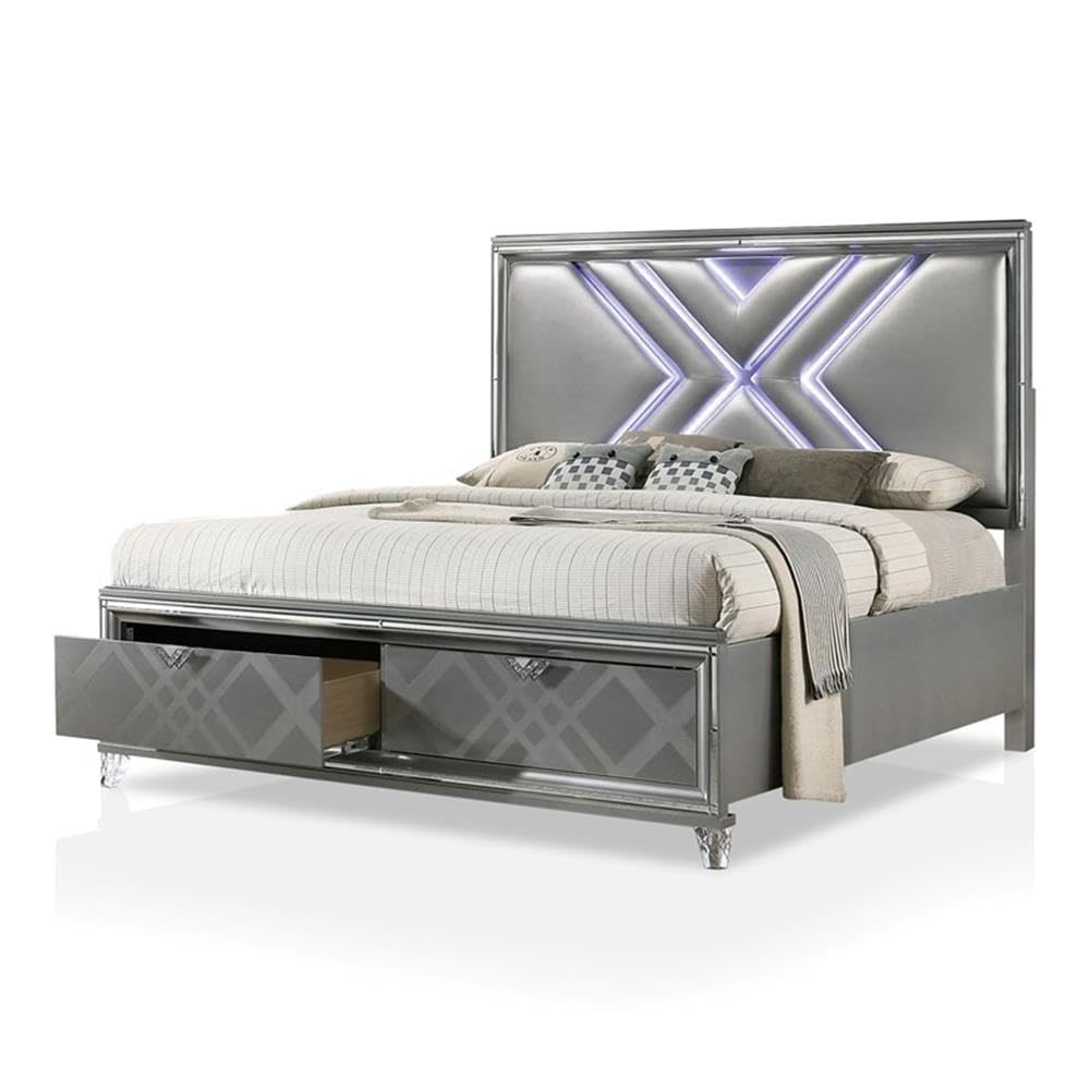 FOA Anaiya 3-Piece Solid Wood Bedroom Set - Queen Bed & 2 Nightstands in Silver Finish | Modern Bedroom Furniture for Home Decor | Perfect for Master Bedrooms & Guest Rooms