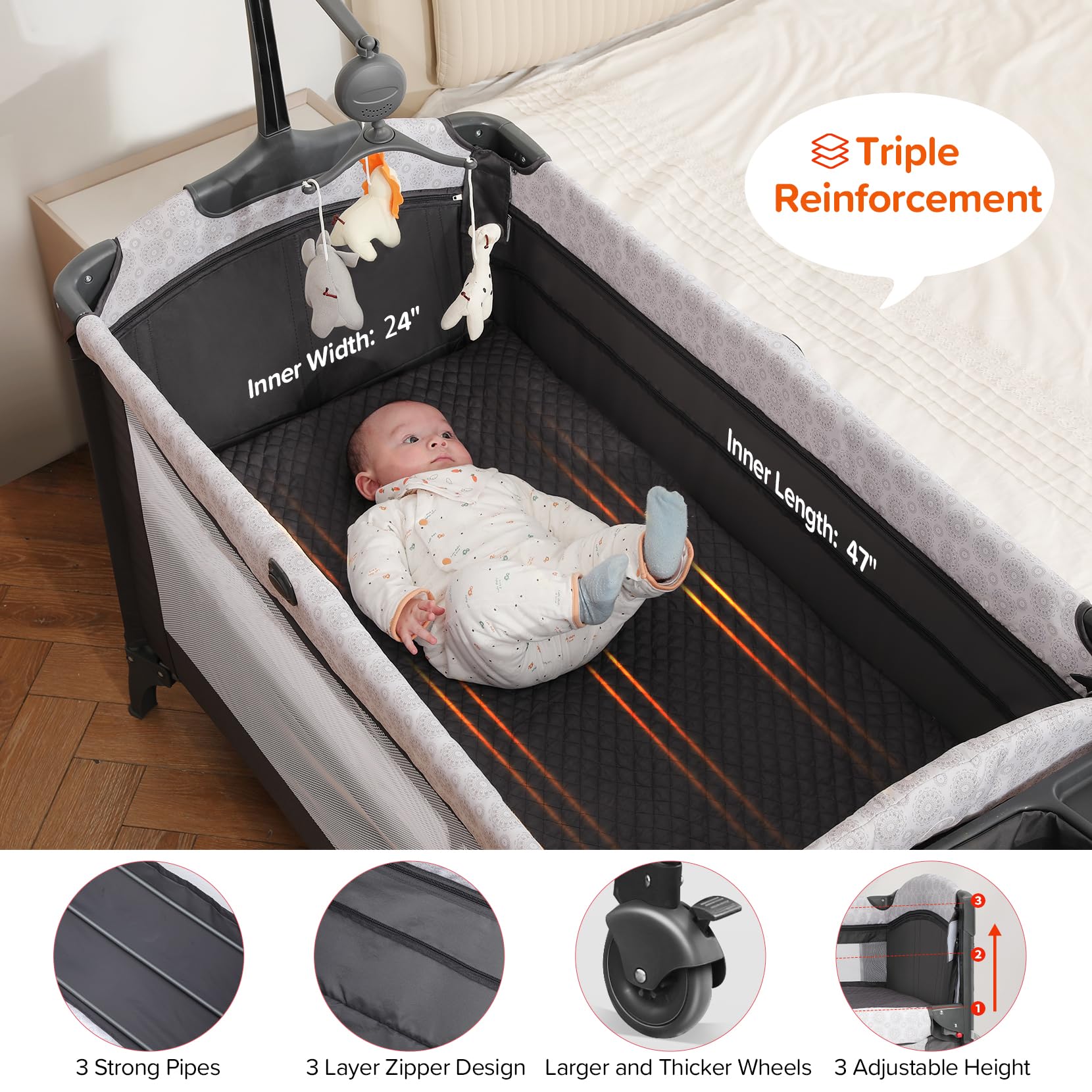 ELEMARA 4-in-1 Wide Baby Bassinet Bedside Sleeper with Diaper Changer | Adjustable Height Crib with Mattress, Sheet, Music & Blackout Cover | Playpen Travel Bed with Storage | XL Co-Sleeper for Newborns | Perfect for Nursery, Bedroom & Travel Use