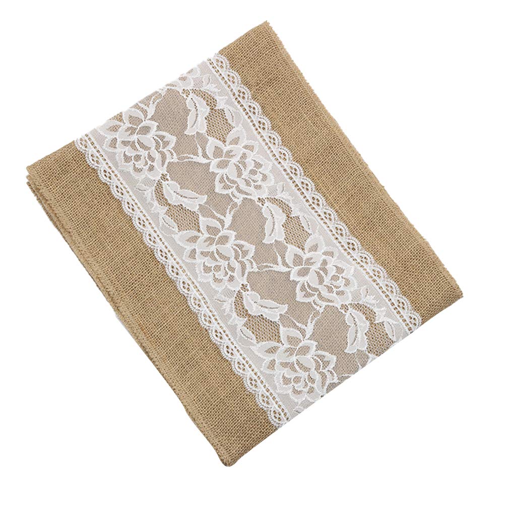Amosfun 1pc Natural Jute Lace Table Runner for Christmas, Wedding, Home Decor - Macrame Linen Tablecloth & Table Flag - Perfect for Dining Tables, Buffets, and Party Decorations