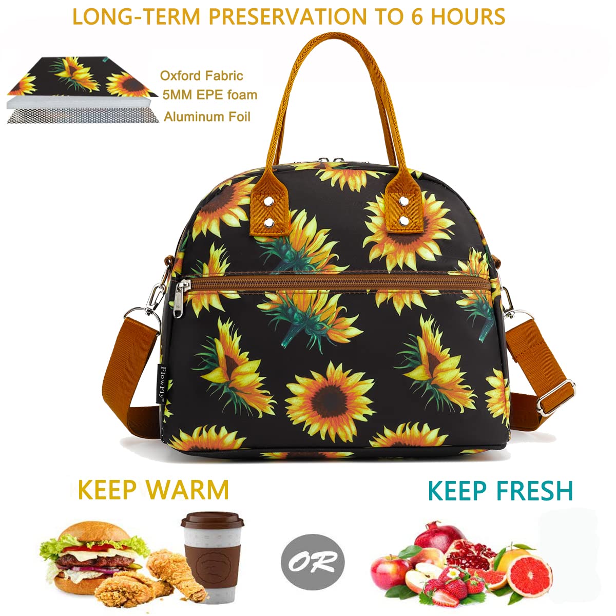FlowFly Insulated Lunch Bag with Shoulder Strap - Large Reusable Freezable Cooler Tote for Women, Men & Kids - Perfect for Work, School, Travel & Meal Prep - Sunflower Design