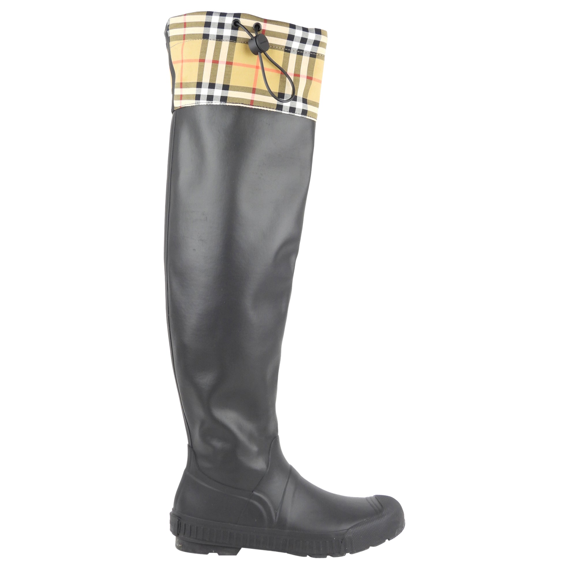 Burberry Black Rubber and Check Canvas Knee-High Rain Boots - Waterproof Chelsea Boots for Women, Fashionable Rainwear for Outdoor, Walking, and Wet Weather