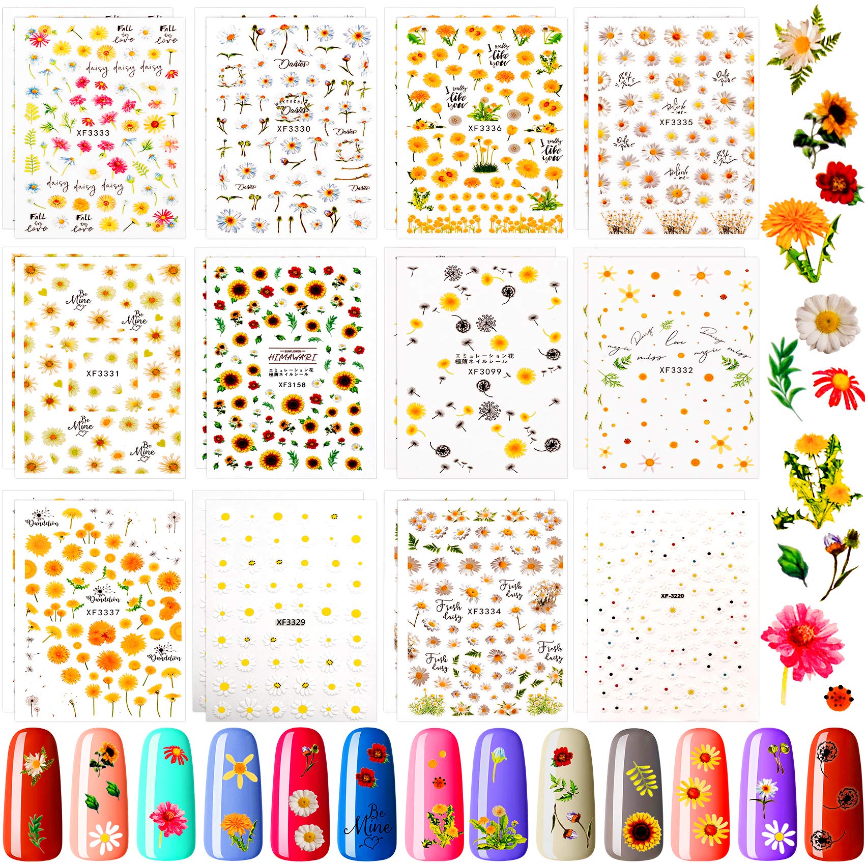 OIIKI 24 Sheet Daisy Nail Art Stickers - Sunflower 3D Self-Adhesive Nail Decals for Women & Girls | DIY Nail Flower Wraps & Manicure Body Art | Perfect for Parties, Weddings, and Summer Nail Designs