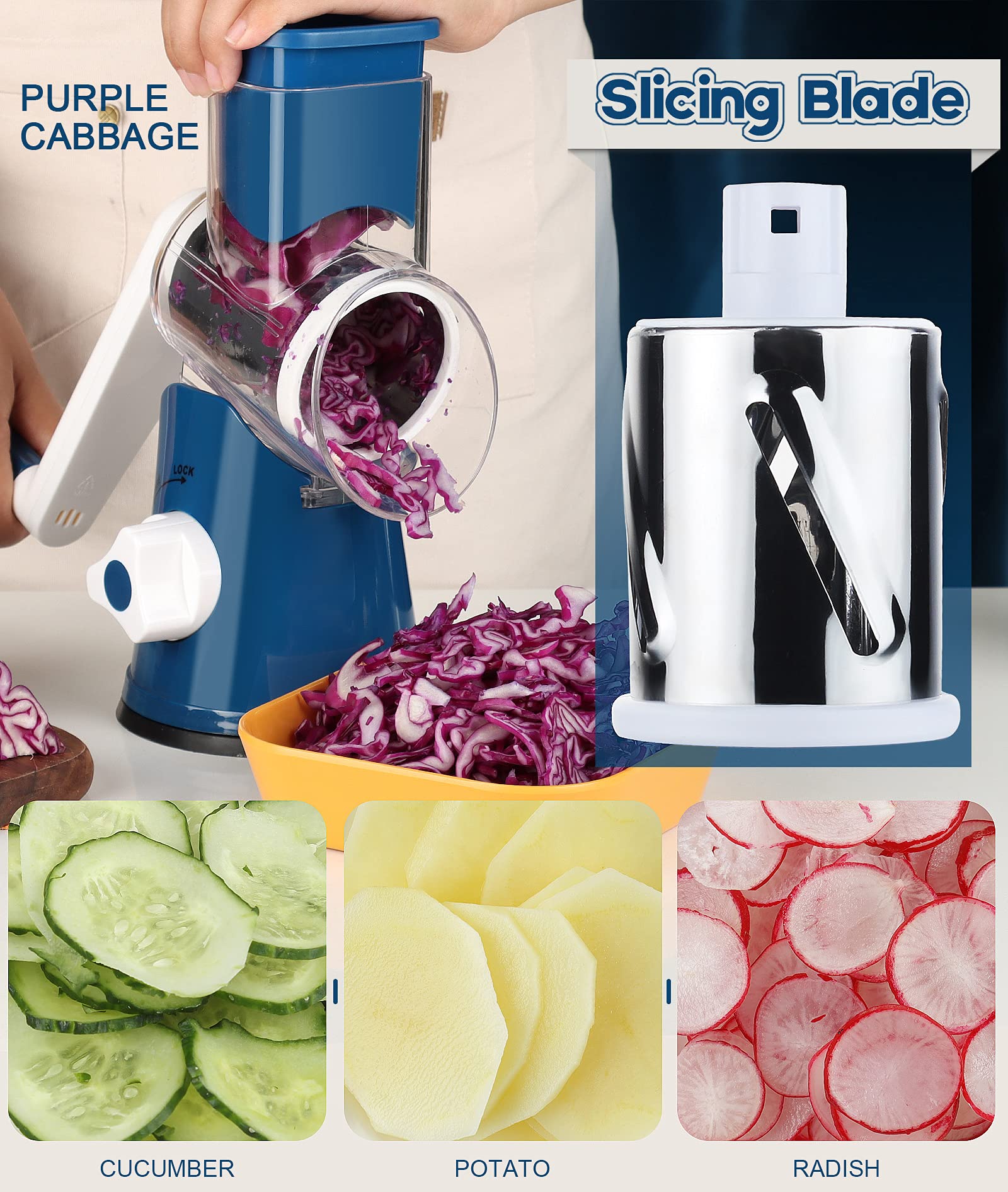 Ourokhome Rotary Cheese Grater - Hand Crank Kitchen Shredder with 3 Blades for Cheese, Vegetables, Nuts & Chocolate | Mandolin Slicer for Potato, Carrot & More | Perfect for Meal Prep, Baking & Cooking | Dark Blue