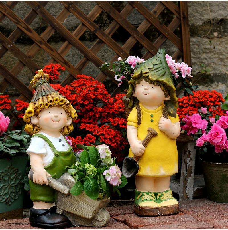 Large Boy Cart & Girl Carry Basket Statues - Decorative Flower Pots for Garden, Courtyard & Home Décor - Unique Gardening Gift Ideas & Housewarming Present - Perfect for Outdoor Landscaping & Indoor Decor