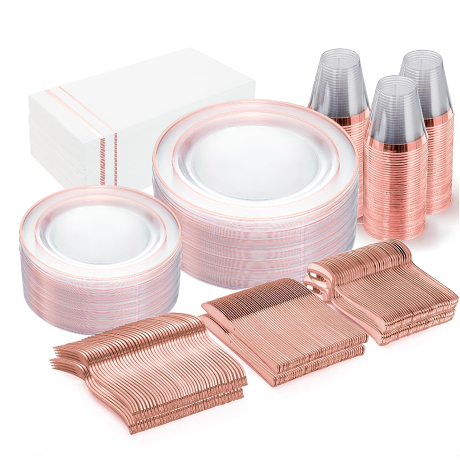350-Piece Rose Gold Plastic Party Dinnerware Set - 100 Disposable Rose Gold Rimmed Plates, 150 Silverware, 50 Napkins & 50 Cups for Weddings, Easter, Birthday & Bridal Showers - Elegant Disposable Tableware for Special Occasions
