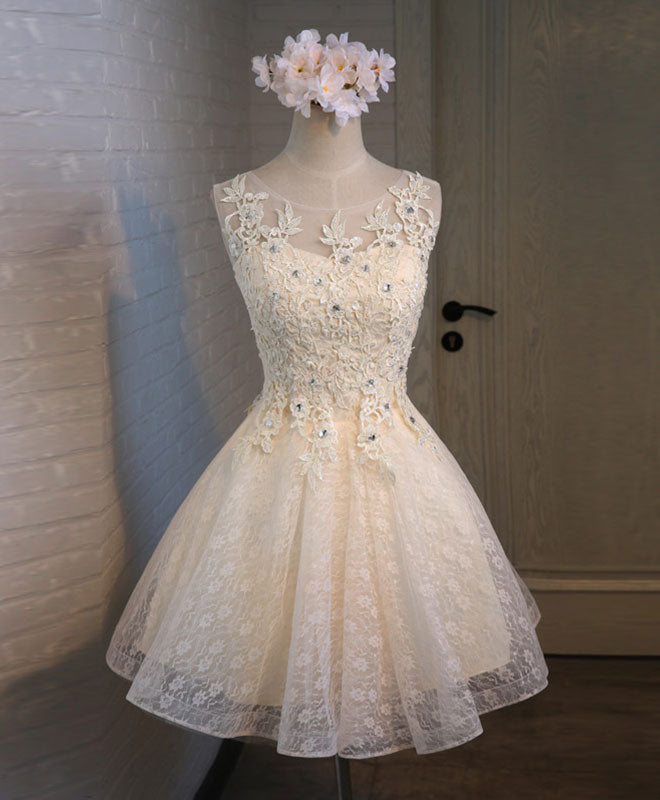 Elegant Champagne Lace Round Neck Short Prom Dress for Bridesmaids - Perfect for Weddings, Parties & Special Occasions