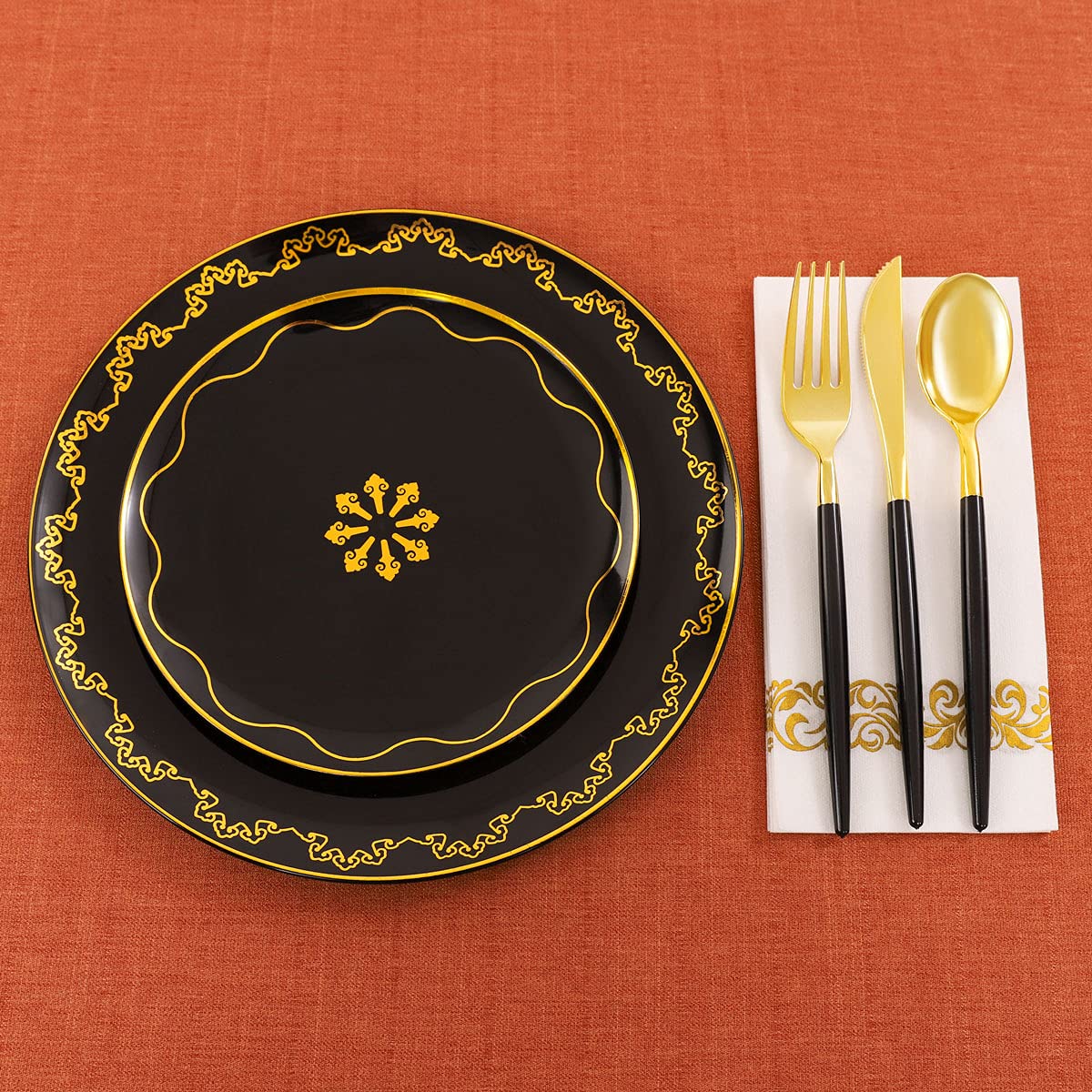Ciaell 175-Piece Black Plastic Party Tableware Set - 25 Dinner Plates, 25 Dessert Plates, 25 Knives, 25 Forks, 25 Spoons, 25 Cups & 25 Napkins - Halloween Disposable Tableware for Parties, Events & Home Gatherings