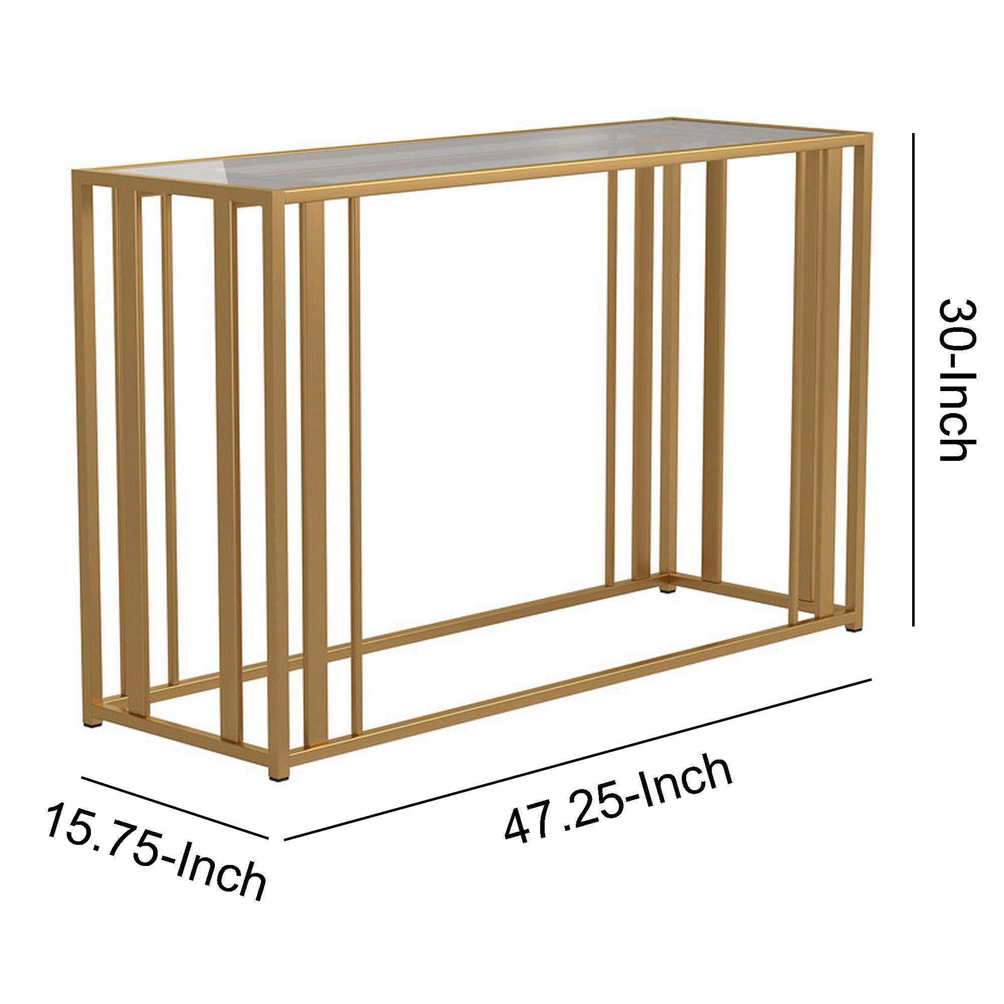 Benjara Modern Glass Top Sofa Table with Sturdy Metal Tubular Base in Brass Finish - Perfect for Living Room, Lounge & Home Decor