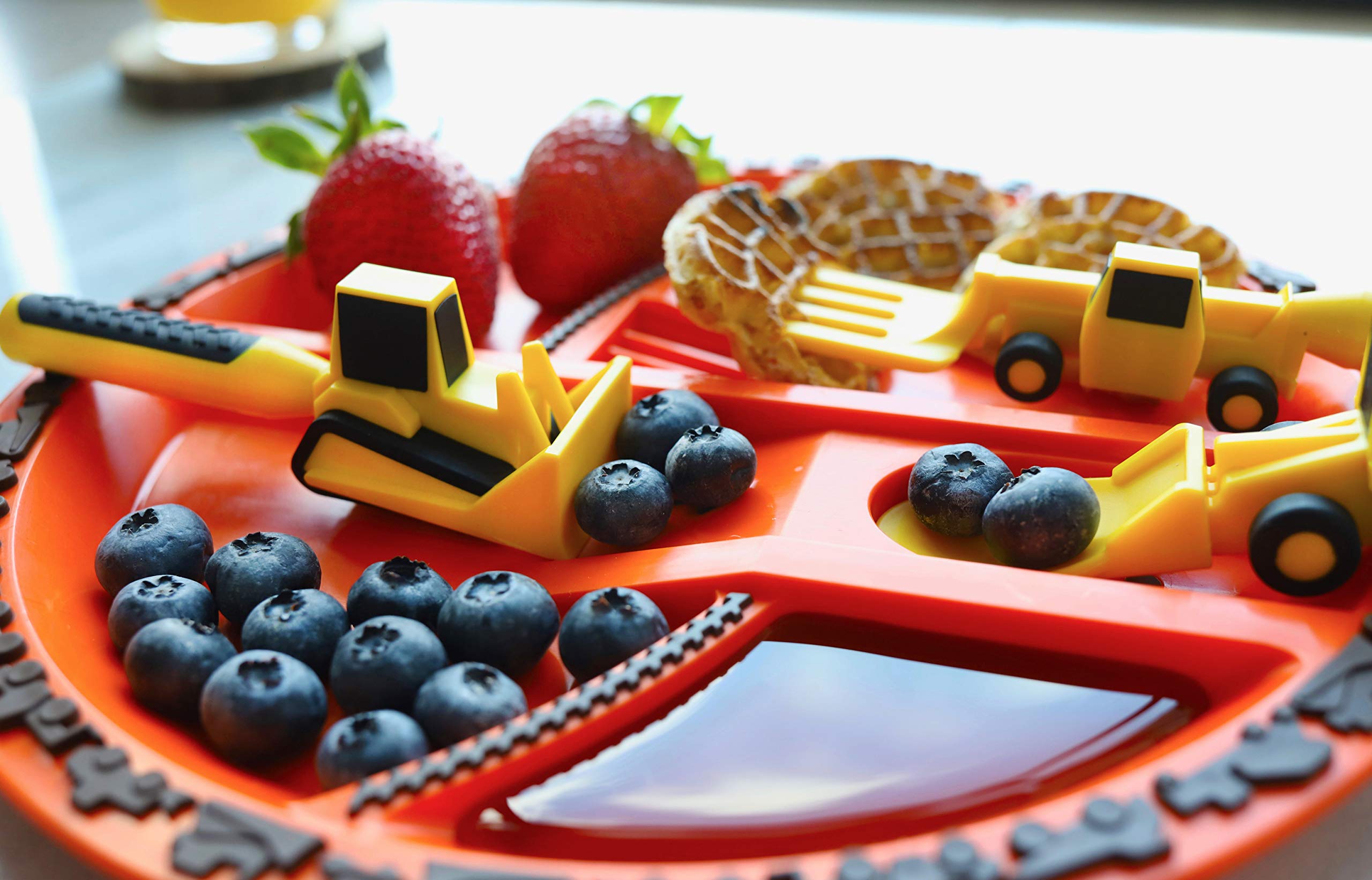 Constructive Eating USA-Made Kids Utensil Set - 3-Piece Construction, Dinosaur & Garden Themed Utensils with Plates & Placemats for Toddlers & Children | BPA-Free Safe Materials | Perfect for Mealtime Fun & Learning