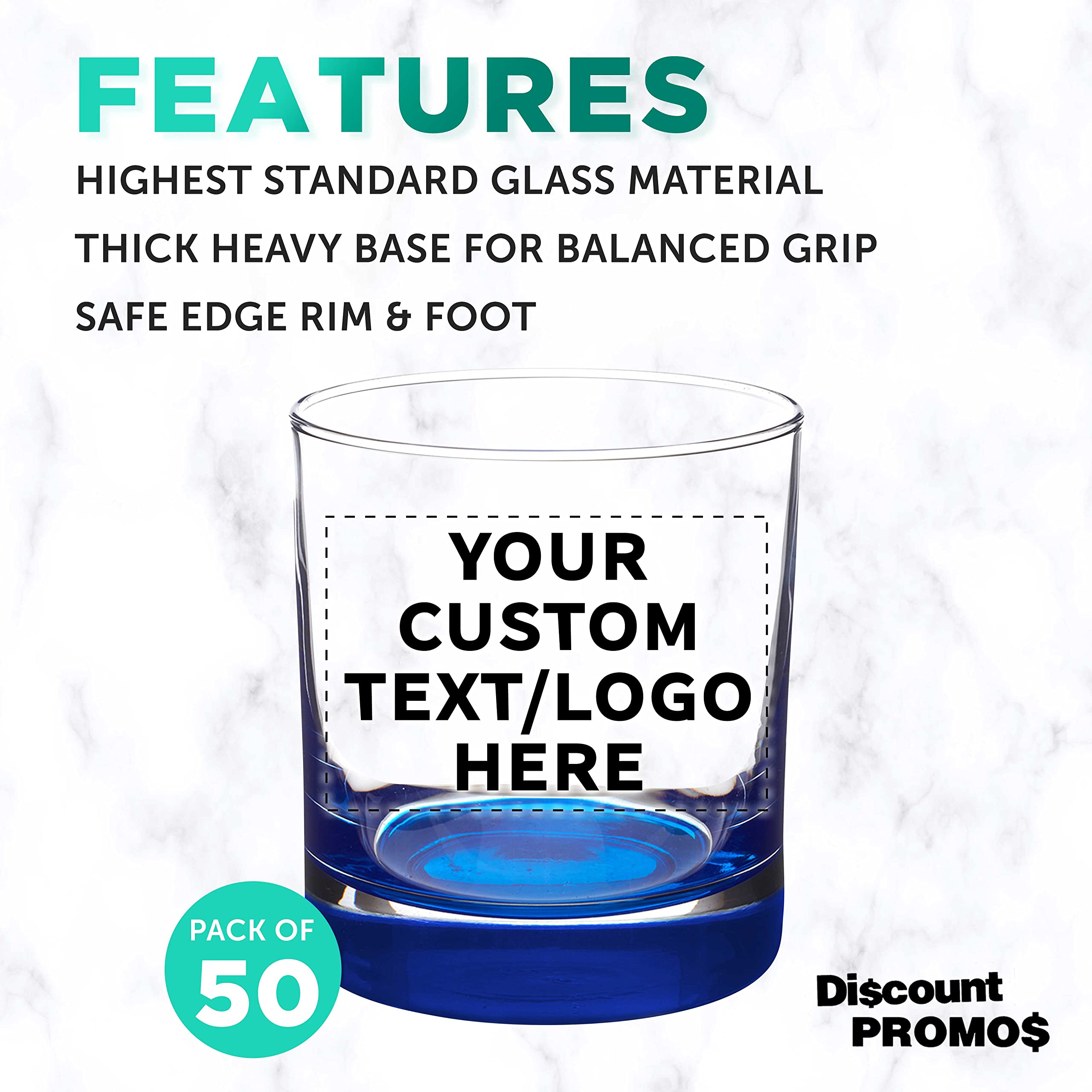 Custom Engraved Whiskey Glasses Set of 50 - 10 oz Heavy Base Old Fashioned Bar Glasses by Libbey | Bulk Pack for Scotch, Bourbon, Cocktails & Whiskey Drinking | Perfect for Bars, Weddings, Corporate Gifts & Home Entertaining (Blue)