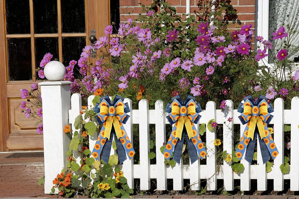 Large Sunflower Wreath Bows - Spring Blue Yellow Farmhouse Decor for Door