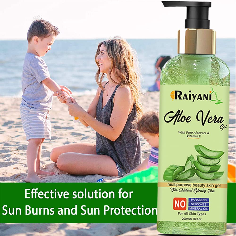 **Raiyani 99% Pure Organic Aloe Vera Gel for Face & Skin – Natural Moisturizer with Vitamin E, Paraben-Free, Silicone-Free, No Mineral Oil – 200ml | Hydrating, Soothing, Sunburn Relief, After-Shave Care**