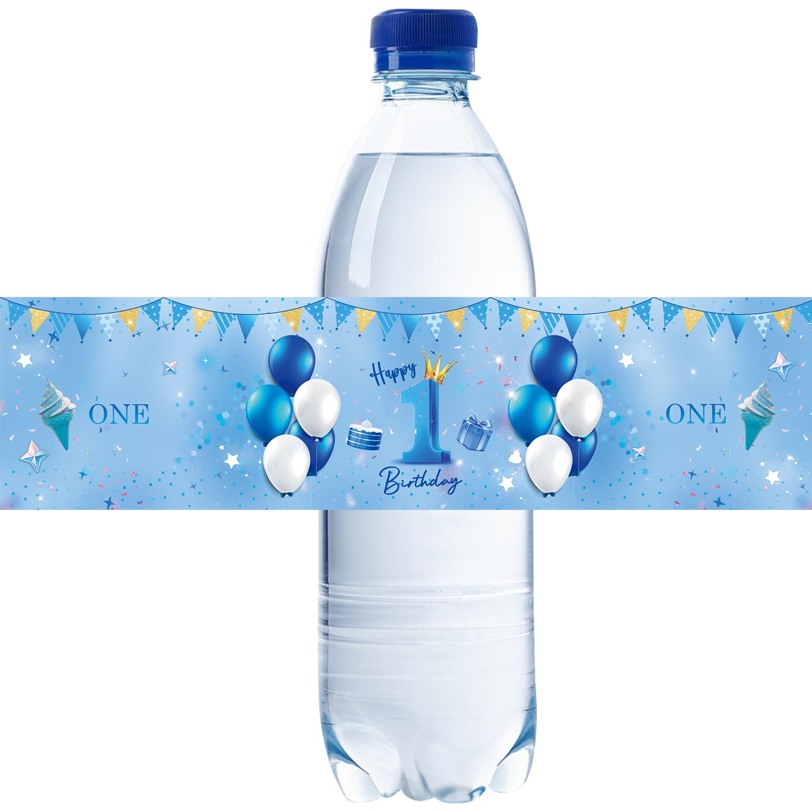 32pcs Blue Happy 1st Birthday Water Bottle Labels - Balloon Blue Glitter Cheers to One Year Old Stickers - 1st Birthday Party Decorations - Baby Shower, Anniversary Celebration Supplies - Perfect for Birthday Parties, Baby Showers & Special Events