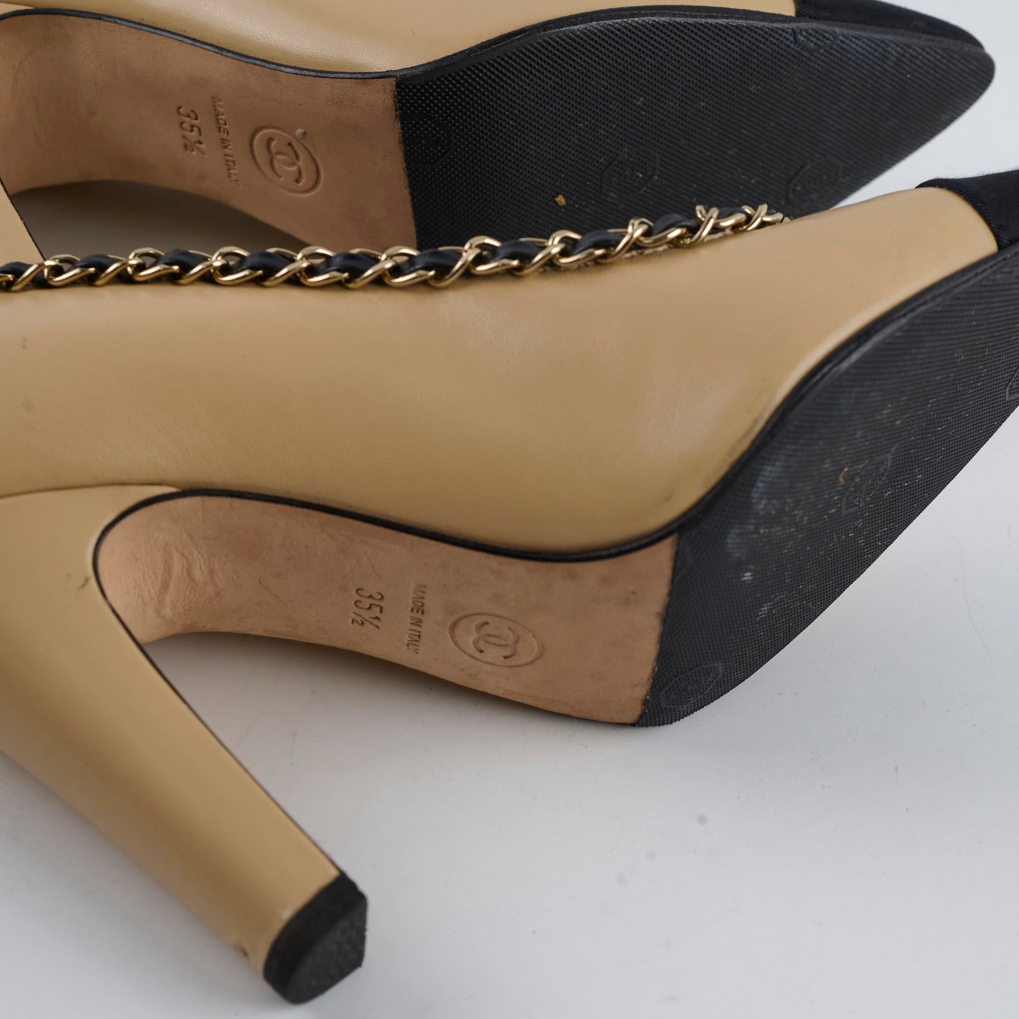 Chanel Beige Chain Cap Toe Pumps Women's Size 35.5 - Elegant Heels for Office, Party & Special Occasions