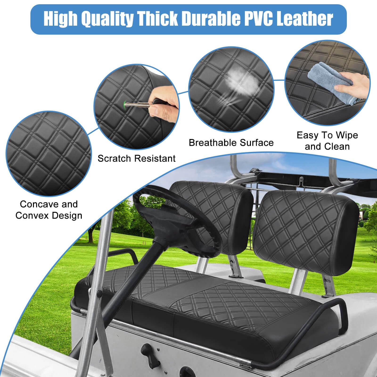 Club Car DS Pre-2000 Golf Cart Seat Cover - OEM Replacement Front Seat Cushion for Club Car DS 1982-2000 Models - Thick Vinyl Leather, Comfortable & Breathable with Concave/Convex Design - Perfect for Golf Courses, Resorts & Neighborhood Transport