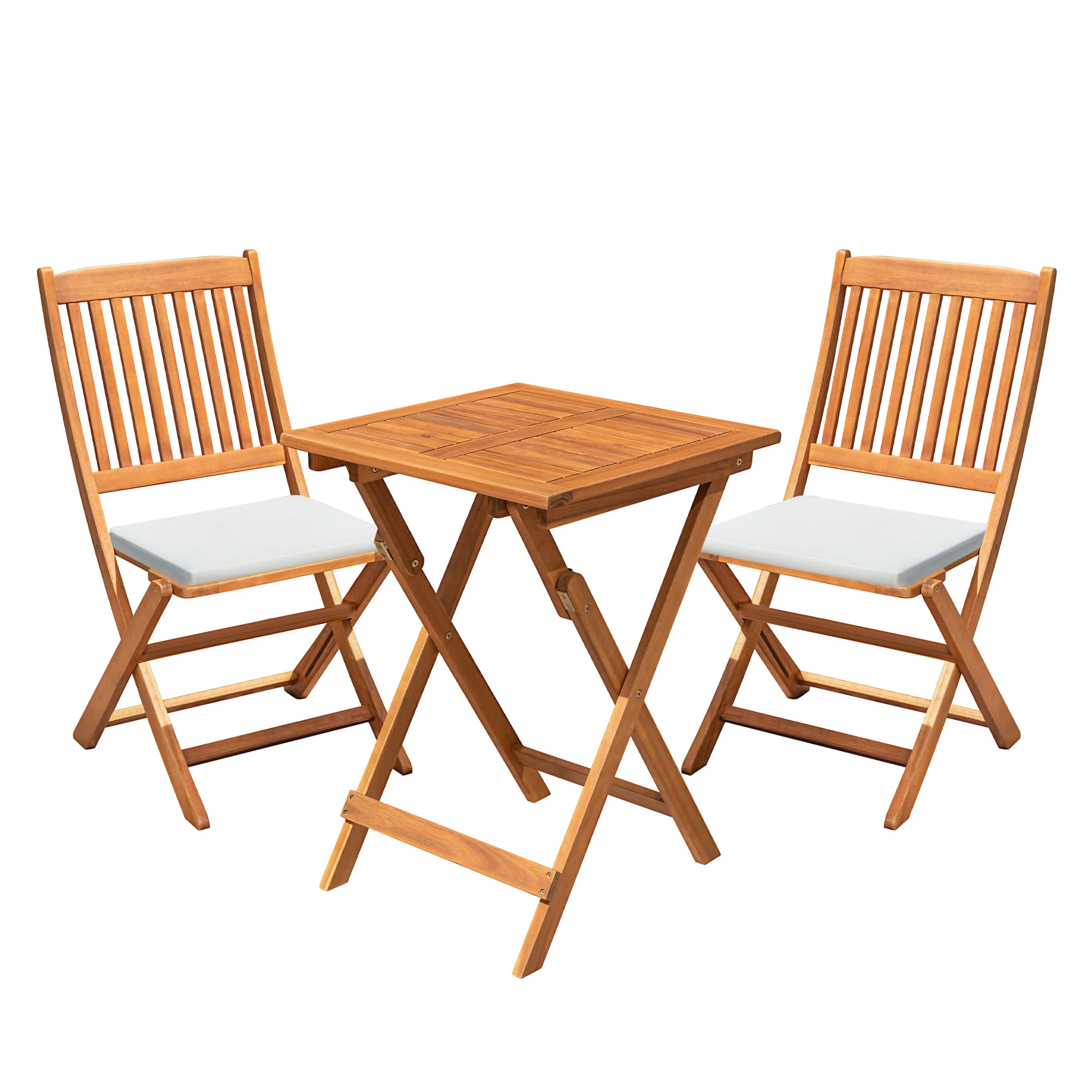 Flamaker 3-Piece Acacia Wood Folding Bistro Set - Outdoor Square Table and Chairs for Patio, Balcony, Porch, Lawn & Backyard - Natural Wood Garden Furniture for Dining, Relaxing & Entertaining Guests