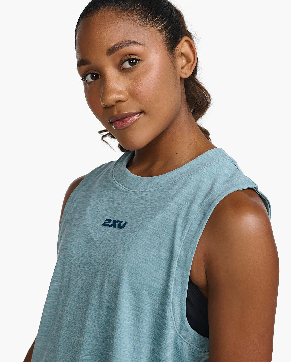 Women's Stretchy Motion Crop Tank Top - Chambray Blue Casual Workout & Yoga Shirt for Active Lifestyles