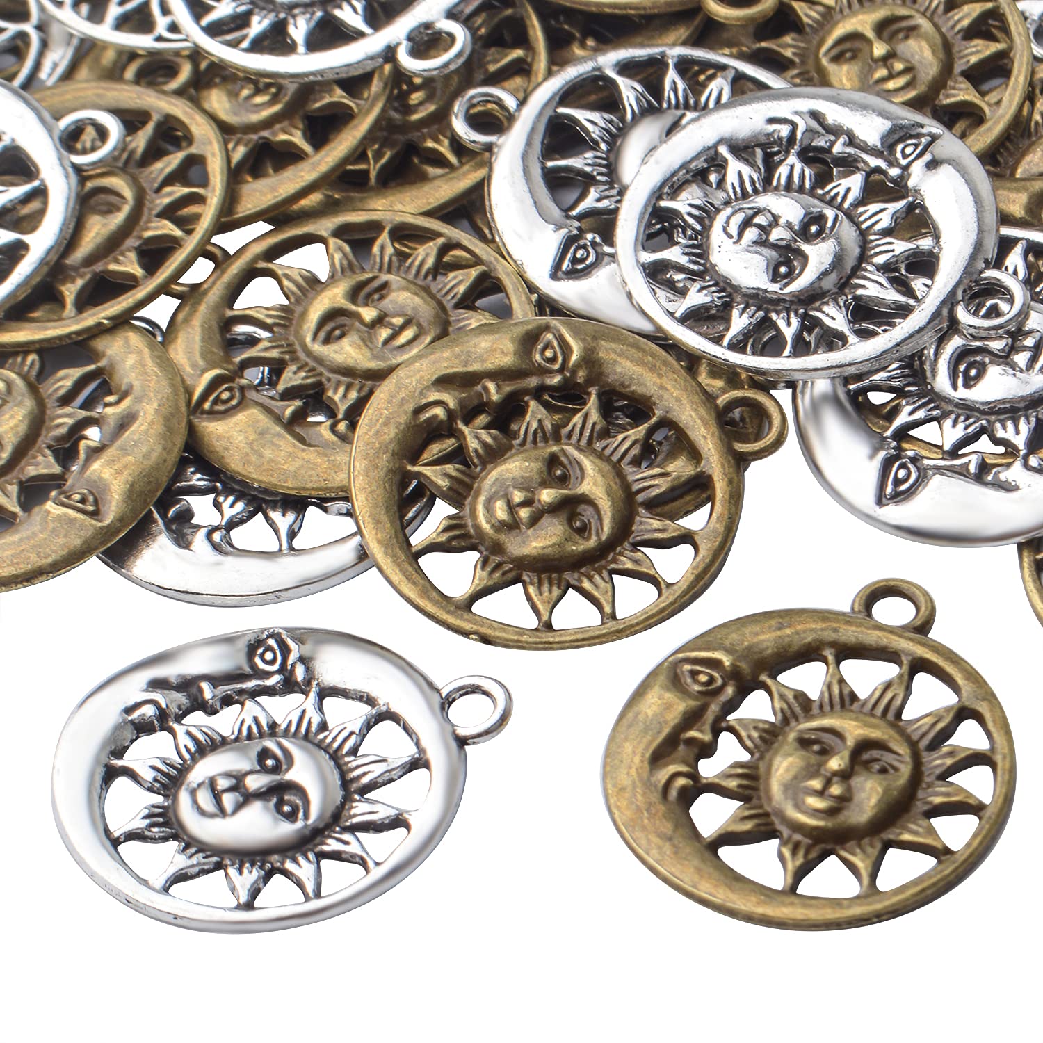 50pcs Tibetan Alloy Celestial Sun and Moon Charms - Smile Pendants for DIY Jewelry Making, Necklace & Bracelet Craft Supplies - Perfect for Boho, Hippie & Spiritual Jewelry Designs