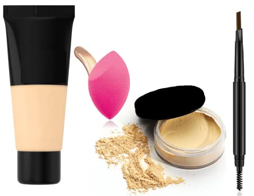 Makeup Combo Kit - Liquid Foundation, Loose Powder & Eyebrow Pencil for Daily Beauty