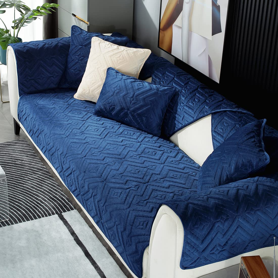 Velvet Plush Diamond Pattern Sofa Cover - Non-Slip Sectional Couch Protector, Soft & Warm Thickened Slipcover for Pets & Kids - Dark Blue 41