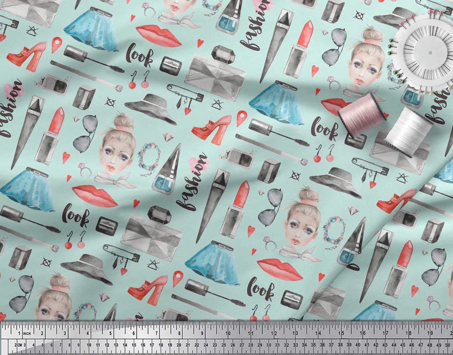 Soimoi Rayon Fabric by The Yard - 42 Inch Wide - Lipstick, Perfume Bottle & Dress Print Fashion Material - Glamorous Chic Green Fabric for DIY Dresses, Skirts, Blouses & Home Decor Projects