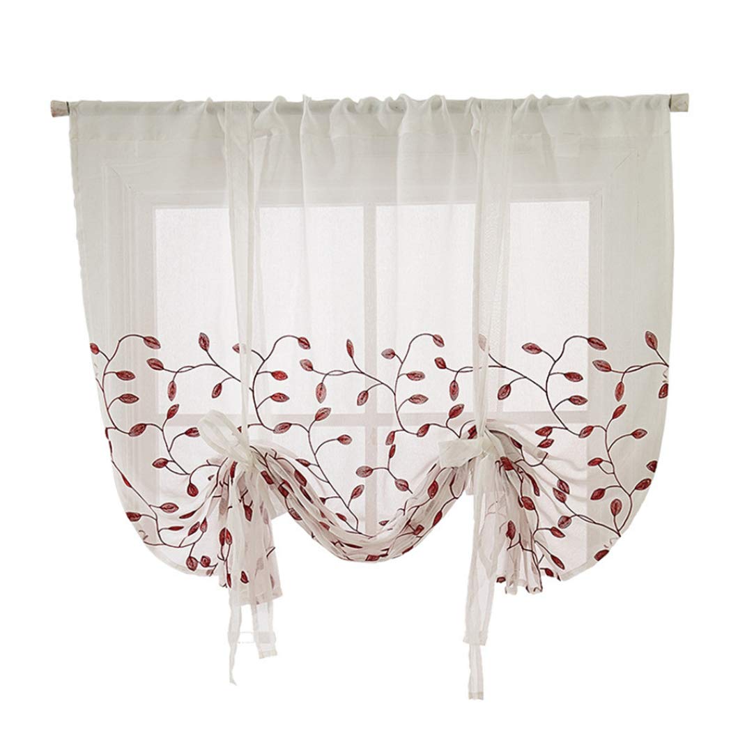 Exquisite Leaf Embroidered Balloon Shades - Rod Pocket Tie-Up Sheer Curtains for Living Room, Kitchen, Bedroom & Dining Room Window Decoration