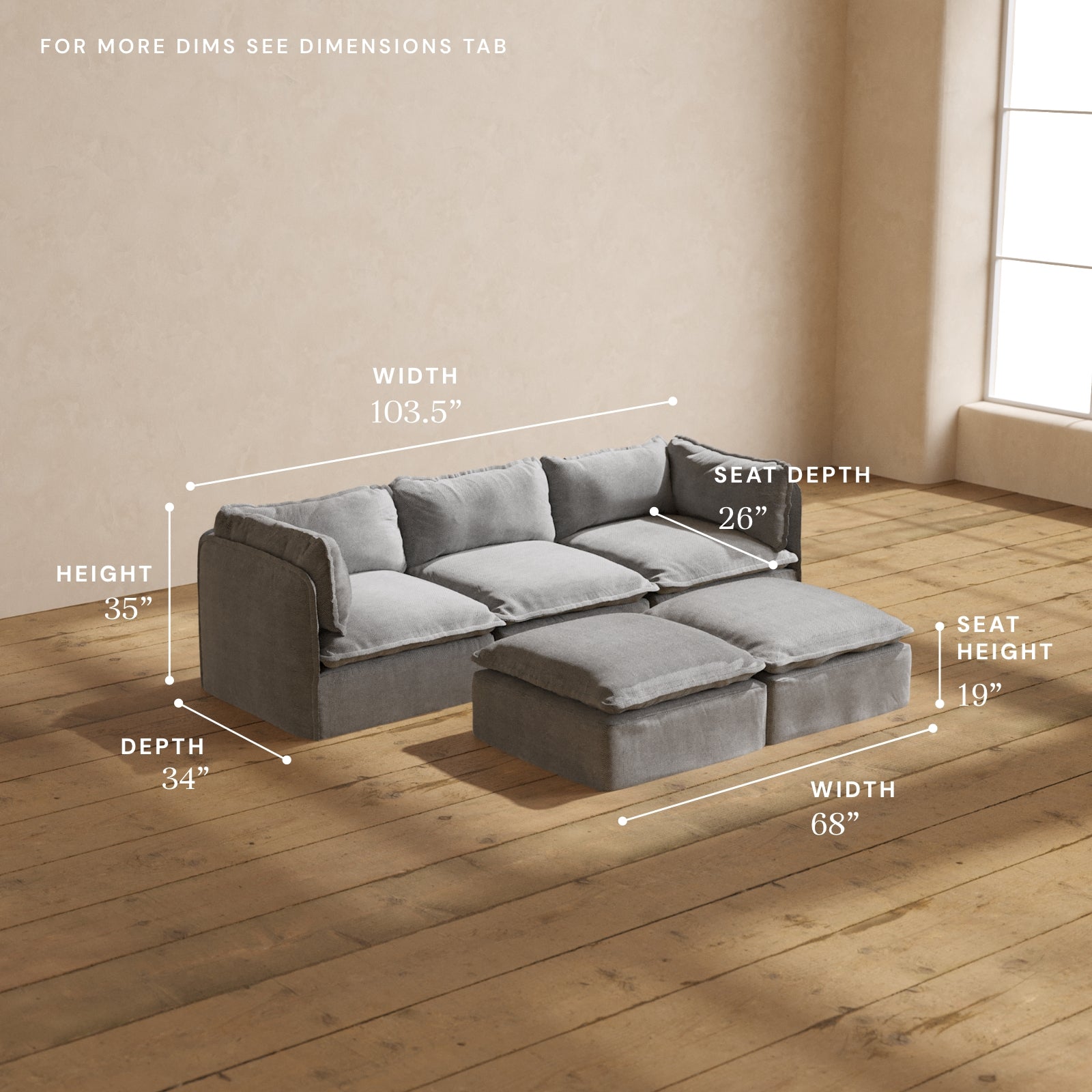 Modular Performance 3-Seater Sofa with Bench Ottoman in Ash - Modern Sectional Couch for Living Room, Lounge & Family Room | Relaxed Blend Fabric | Comfortable Seating for Entertaining & Relaxation
