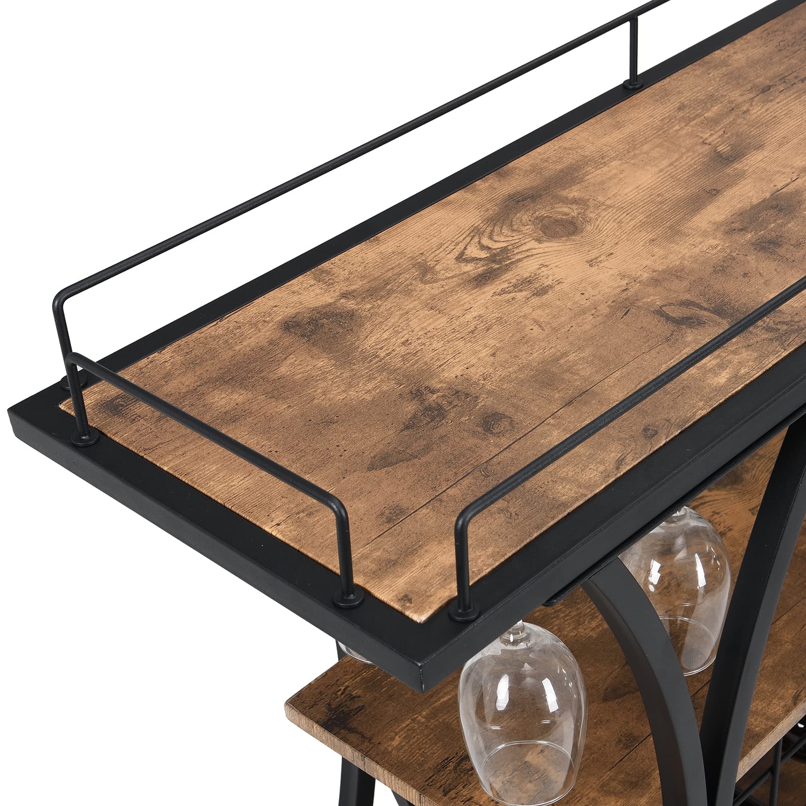 Industrial Bar Cart with Wine Rack & Wheels - Rustic Brown Black Wooden Metal Frame Mobile Serving Cart for Home, Holds 11 Bottles & 16 Glasses (44.09