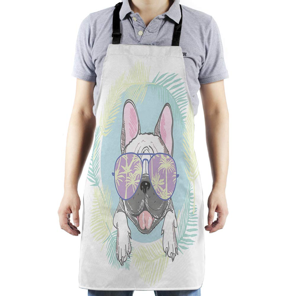 Funny Cartoon French Bulldog Kitchen Apron with Sunglasses - Adjustable Cooking & Gardening Bib for Adults - Perfect for BBQ, Baking, and Home Decor