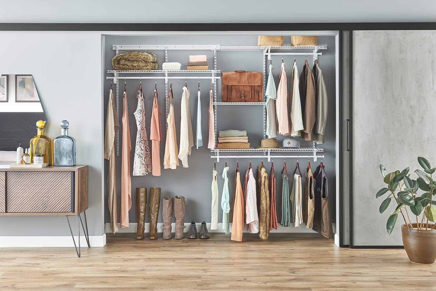 ClosetMaid Adjustable Wire Closet Organizer System 5-8 Feet with Shelves & Clothes Rods - Durable Steel Closet Storage Solution for Bedroom, Walk-in Closet & Home Organization (White)