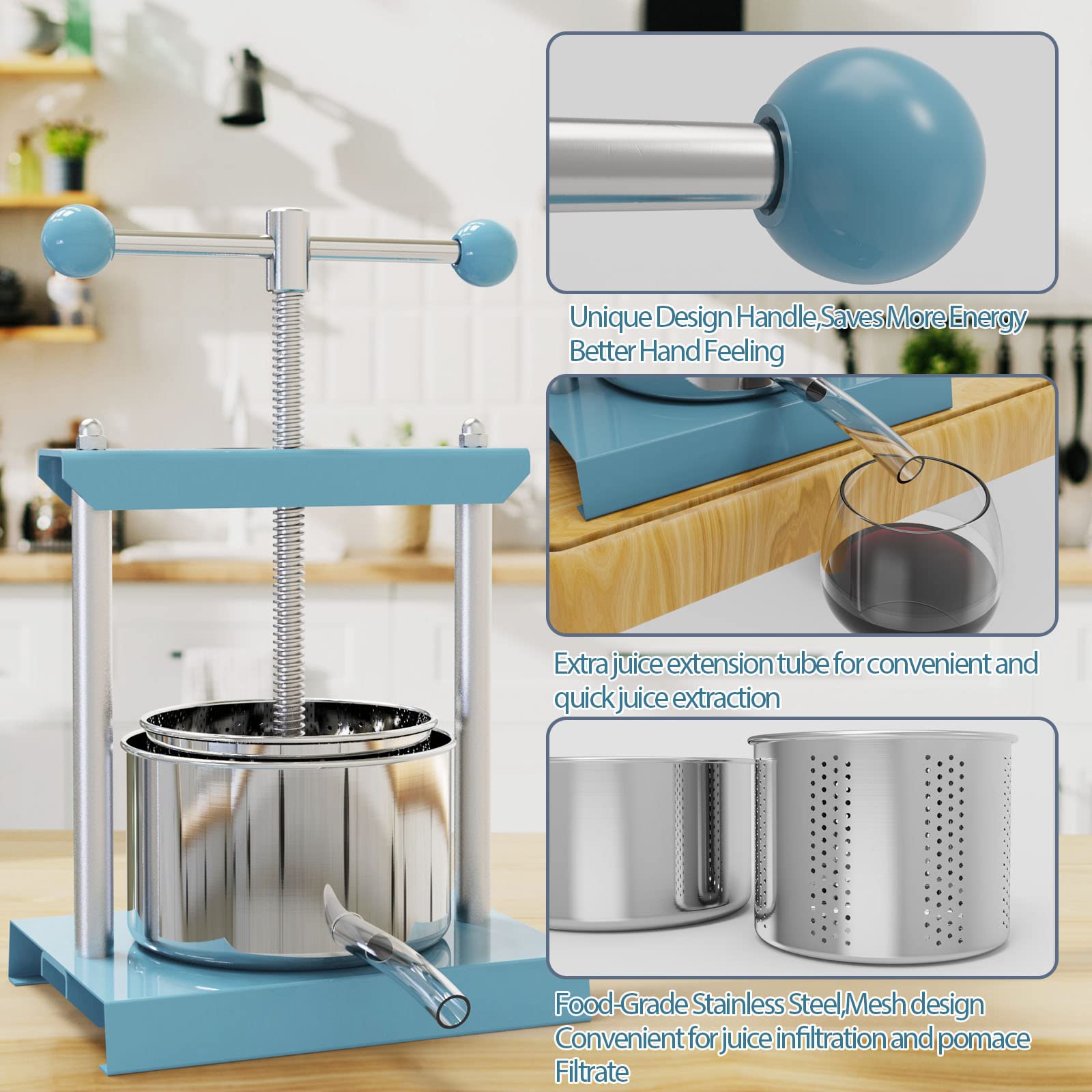 Premium Manual Fruit Press 1.6 Gallon (6L) - Stainless Steel & Iron Juice Extractor for Wine, Cider, Cheese, Herbs - Ergonomic Power Ball Handle - Perfect for Home Brewing, Olive Oil Extraction & Kitchen Use