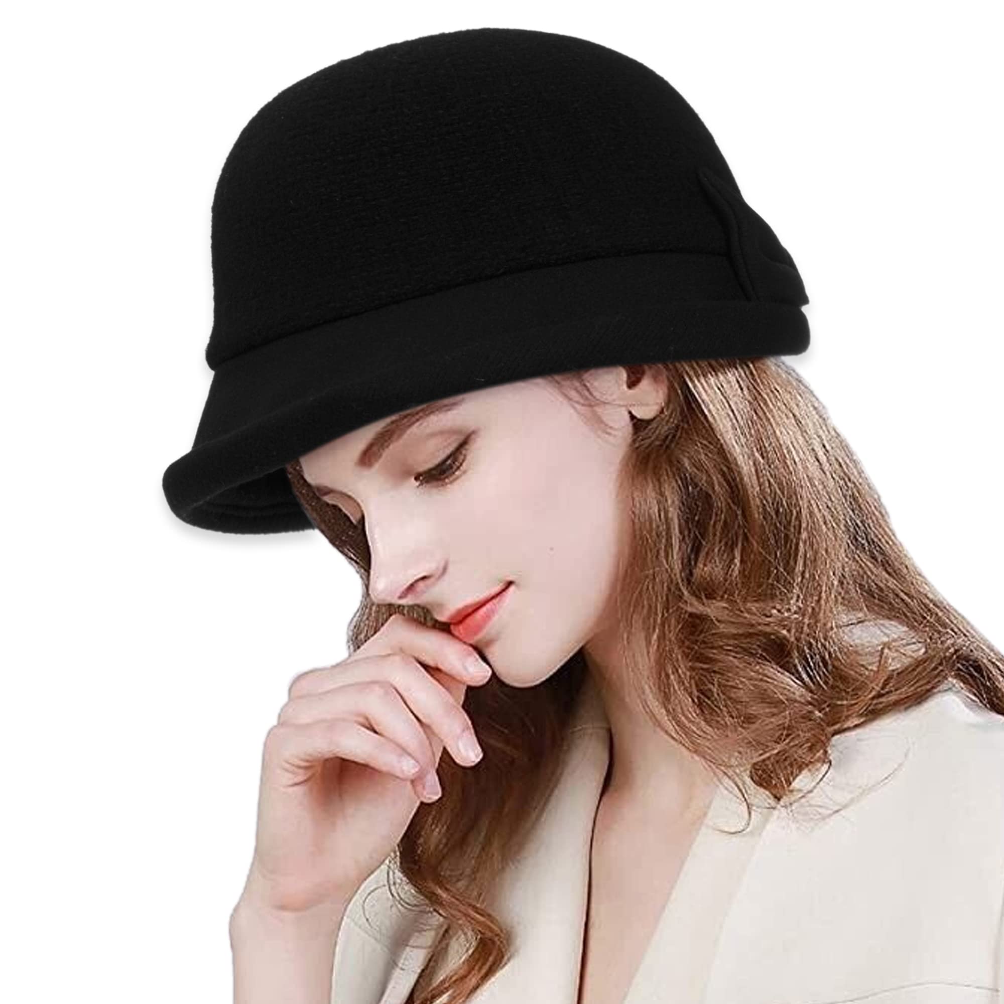 Vintage 1920s Women's Wool Blend Cloche Hat - Upturn Brim Winter Felt Bucket Bowler Hat - Crushable & Foldable for Church, Tea Parties & Retro Fashion Events