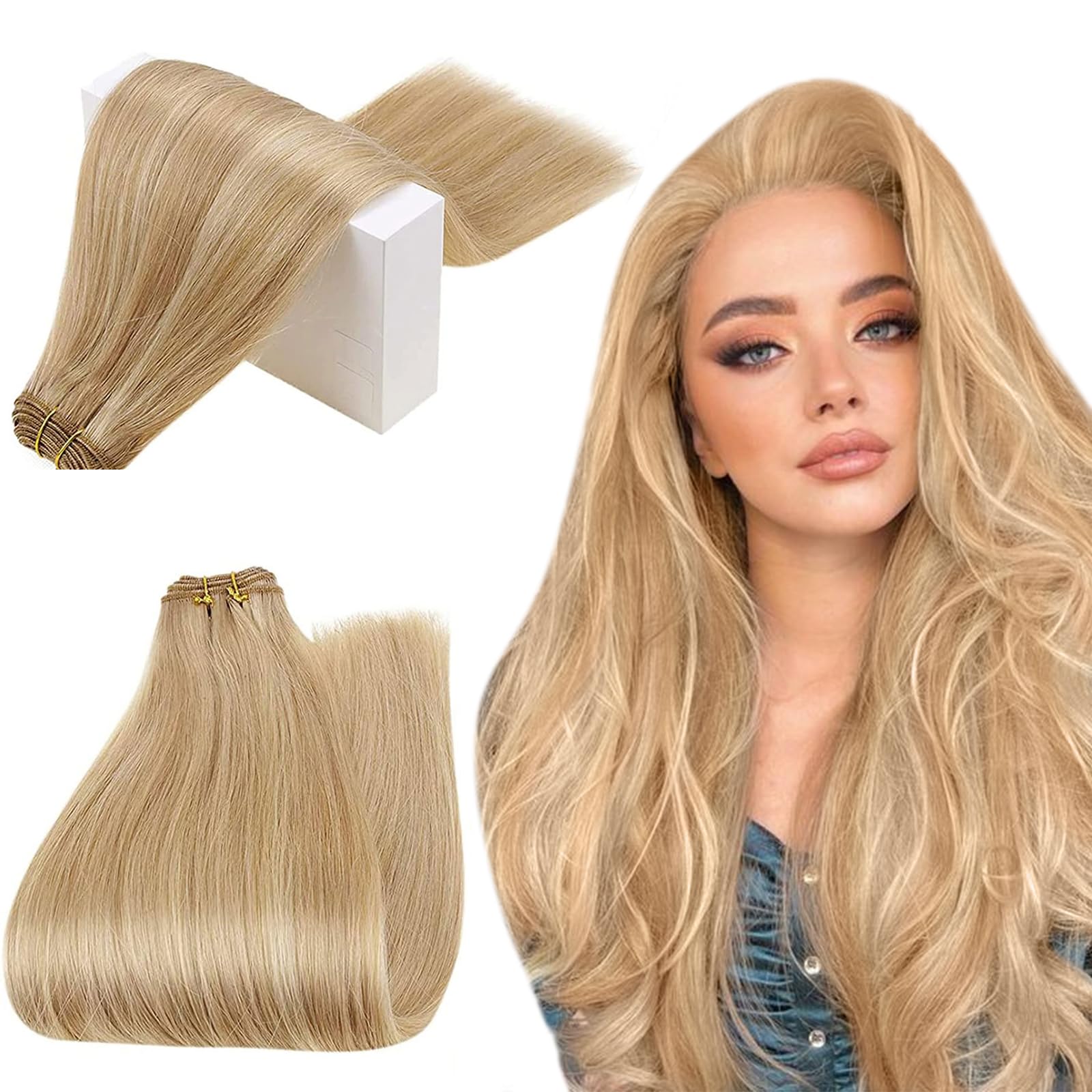Dark Blonde to Golden Blonde Remy Human Hair Weft Extensions 14 Inch 100g - Premium Sew-in Hair Extensions for Full Head Volume | Perfect for Weddings, Parties & Daily Styling