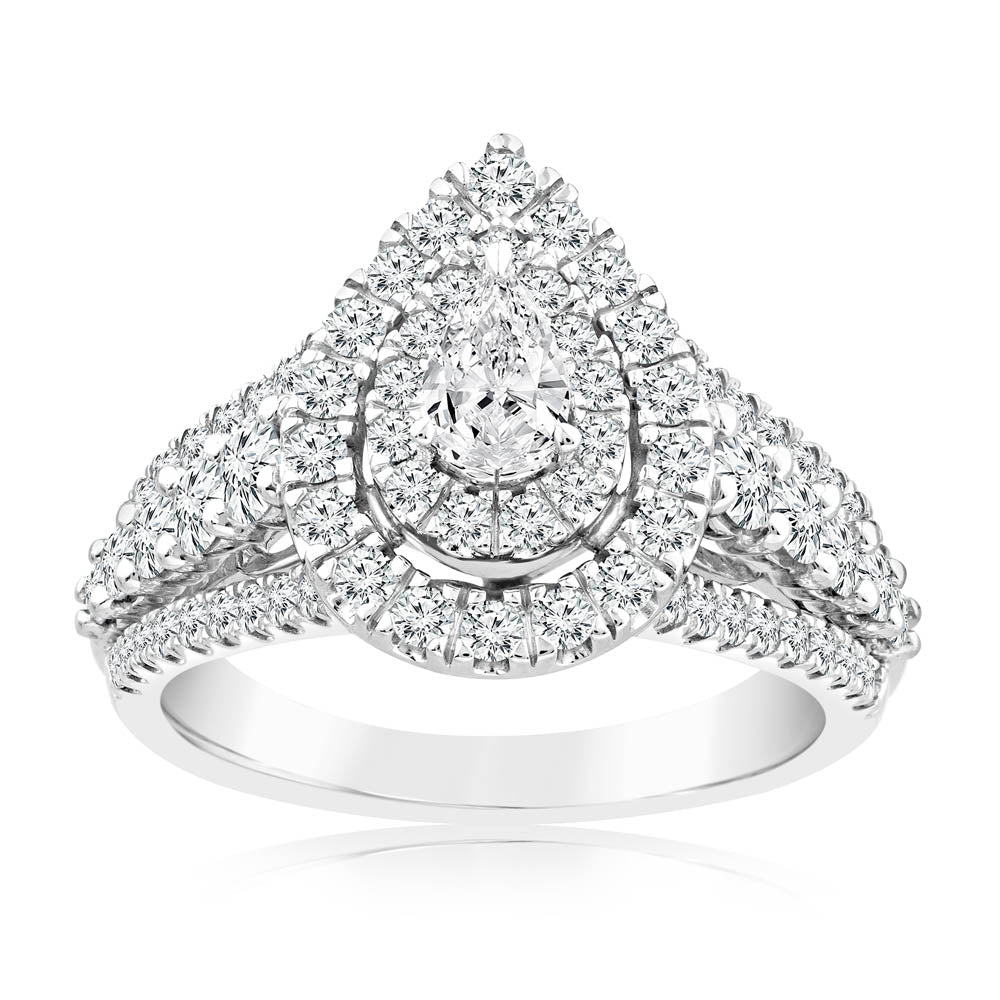 1.40 Carat Diamond Cluster Pear Ring in 14K White Gold - Elegant Engagement & Wedding Jewelry for Women