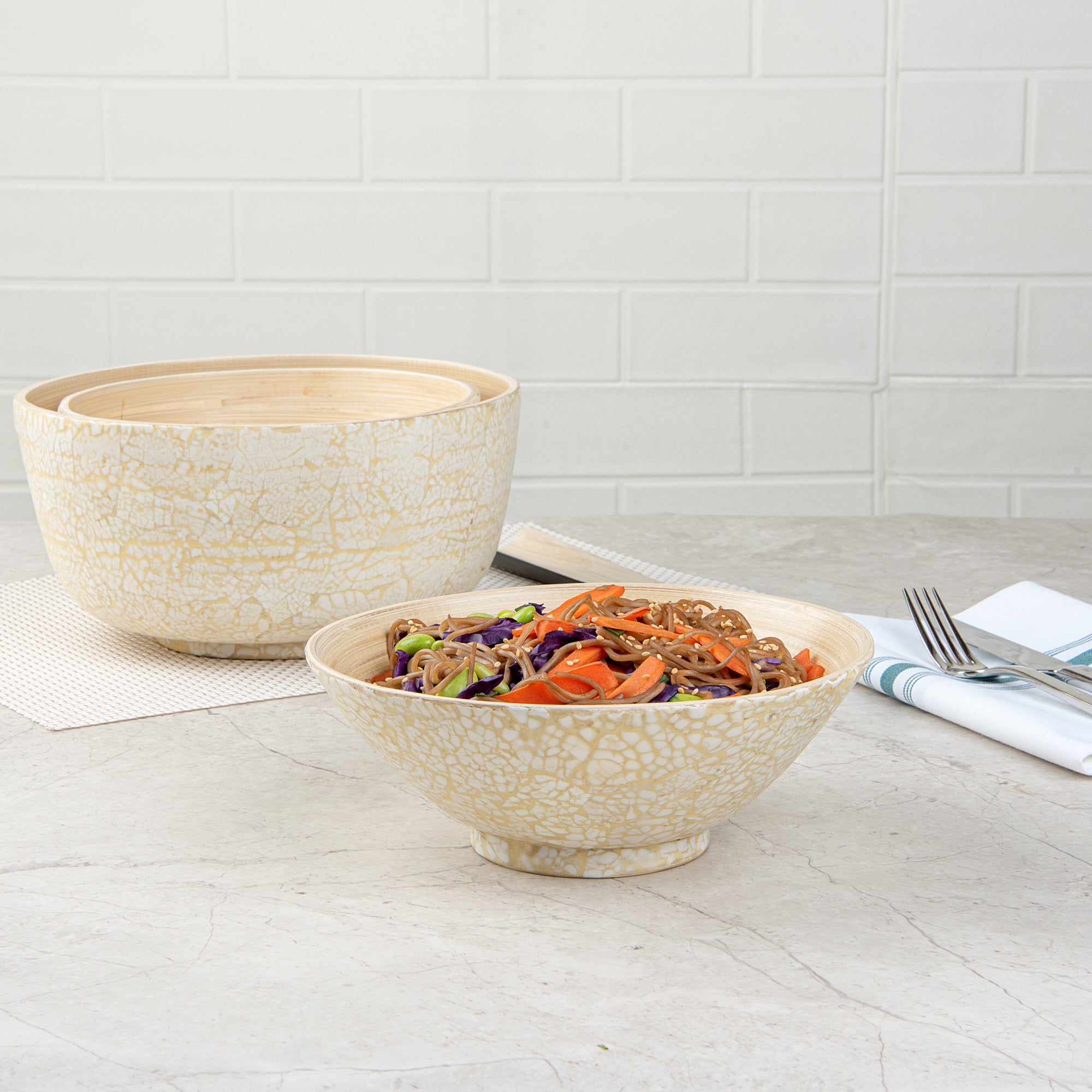 Bambuddha 29 oz Round Beige Spun Bamboo Serving Bowl - 8.25