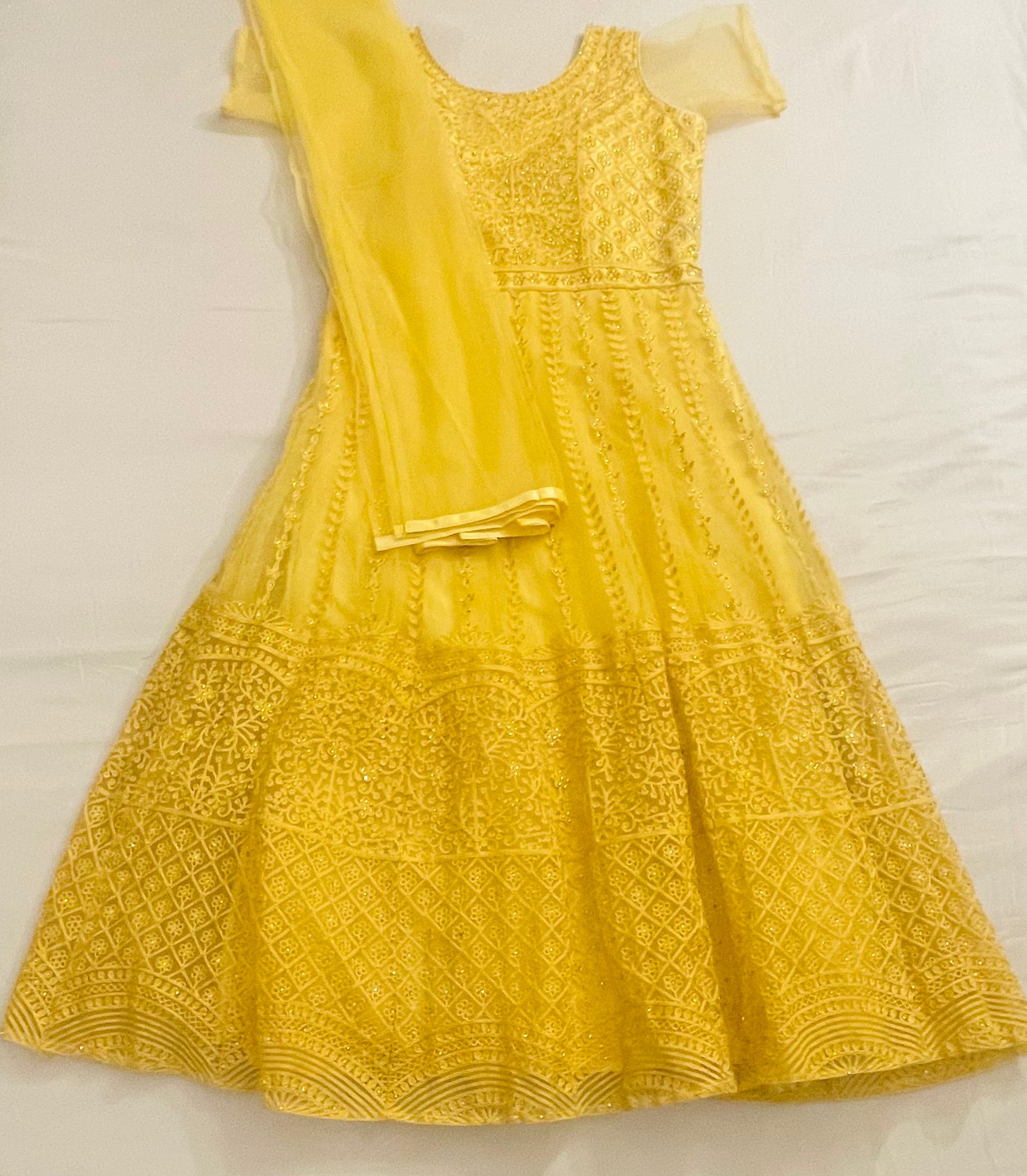 Elegant Golden Yellow Anarkali Embroidered Dress with Dupatta - Traditional Indian Party Wear for Weddings, Festivals & Special Occasions