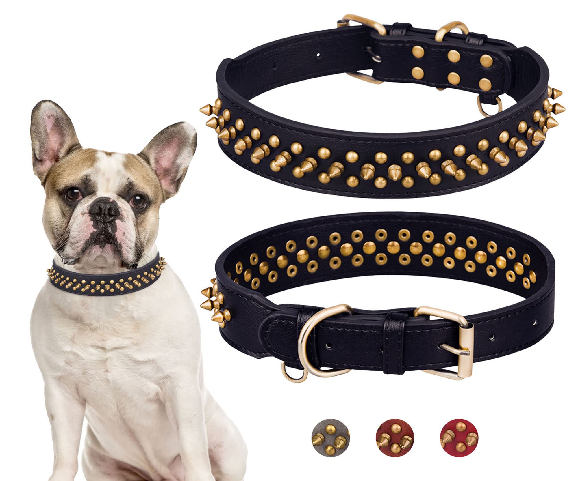 BTDCFY Adjustable Faux Leather Dog Collar with 3 Rows of Spiked Studs - Small, Medium & Large Sizes (14.8