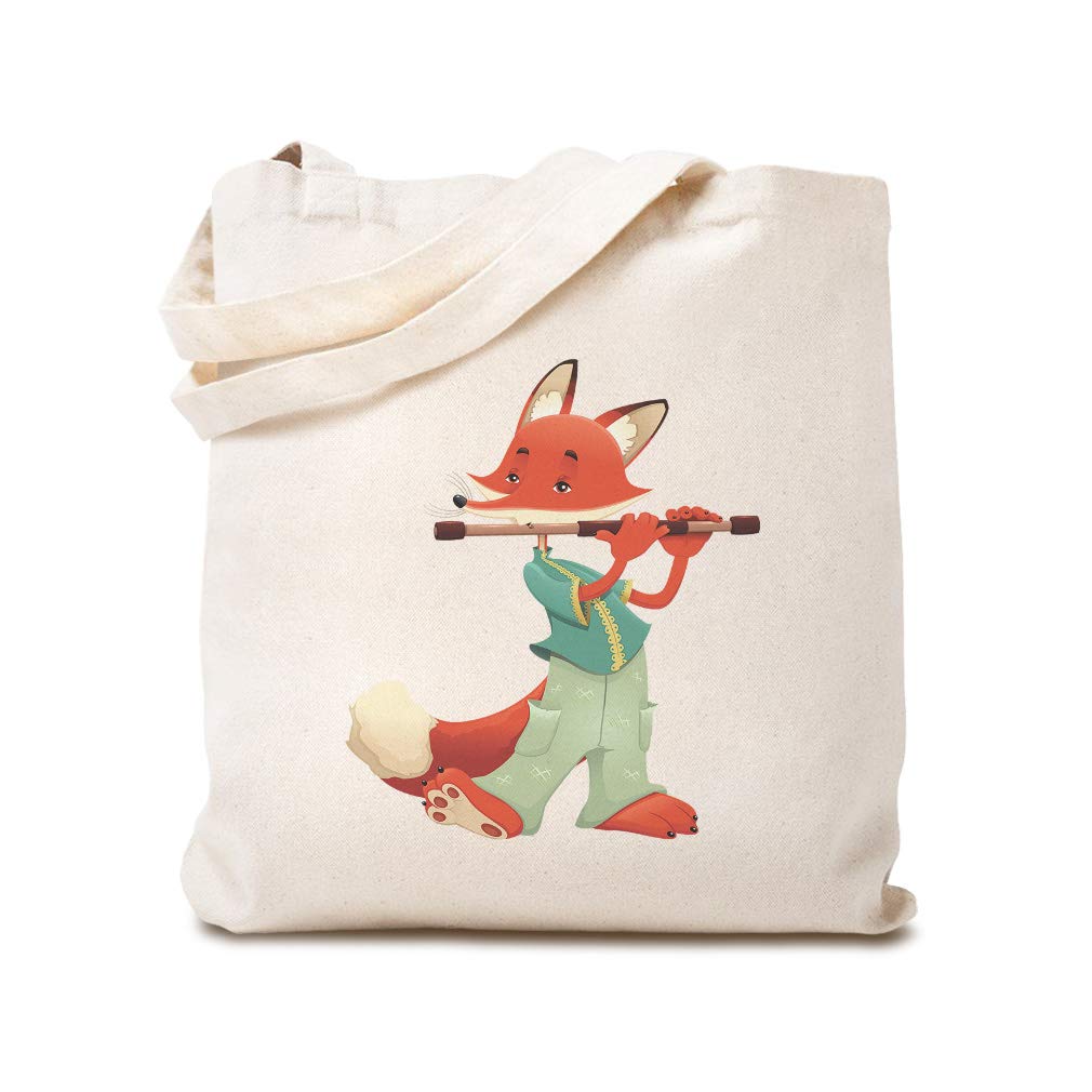 Custom Fox with Flute Canvas Tote Bag - Reusable Eco-Friendly Shopping Bag with Funny Animal Design, Woodland Beach Bag for Kids & Adults - Perfect for Groceries, Picnics, and Outdoor Adventures
