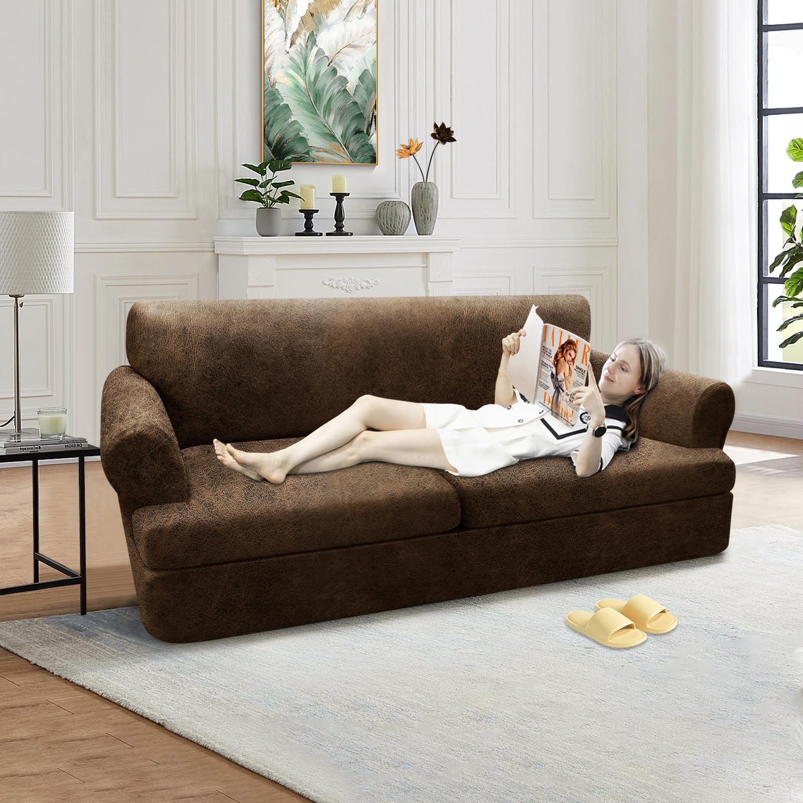 3-Piece T-Cushion Loveseat Slipcovers - Faux Leather Sofa Cover for 2-Cushion Couches - Stretchable Furniture Protector with 2 Individual Seat Covers (Brown) - Perfect for Living Room, Office, and Apartment Decor