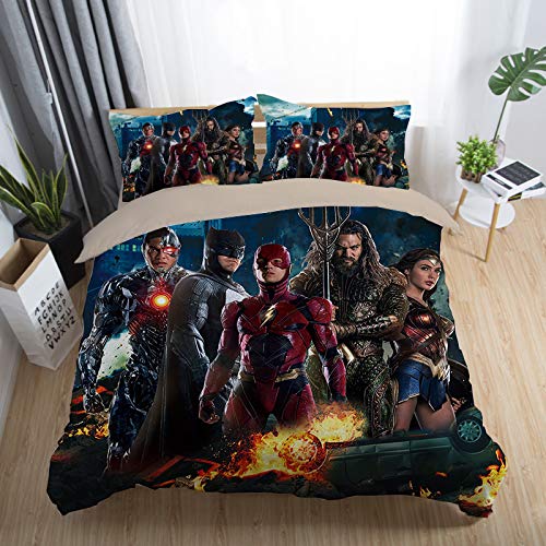 Justice League 3D Duvet Cover Set - Twin Size Bedding with 1 Duvet Cover & 2 Pillowcases (No Comforter) - Cartoon Anime Superhero Design for Kids & Teens Bedroom Decor
