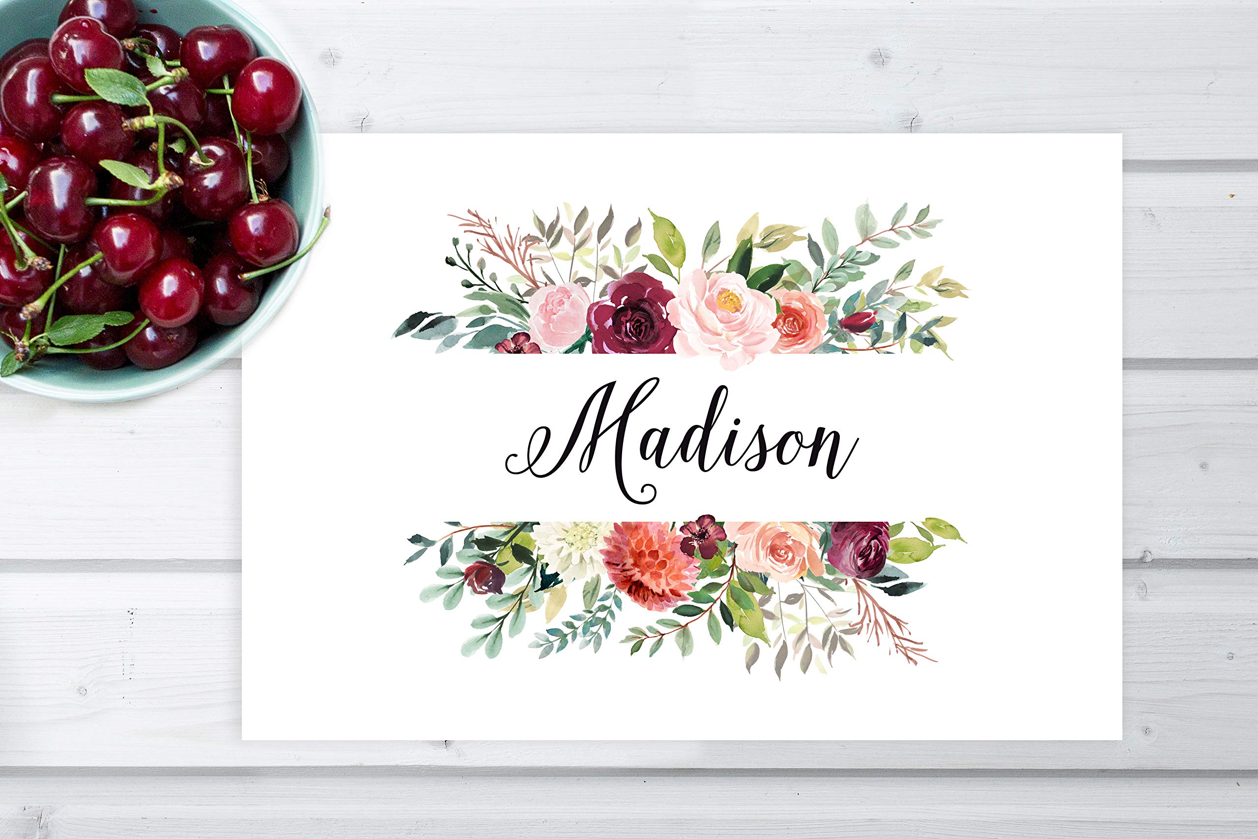Custom Personalized Disposable Paper Placemats - 12x18 Inch Set of 25 - Peach & Burgundy Floral Design - Elegant Tableware for Weddings, Bridal Showers, Baby Showers & Holidays - Perfect for Dining, Parties & Special Events