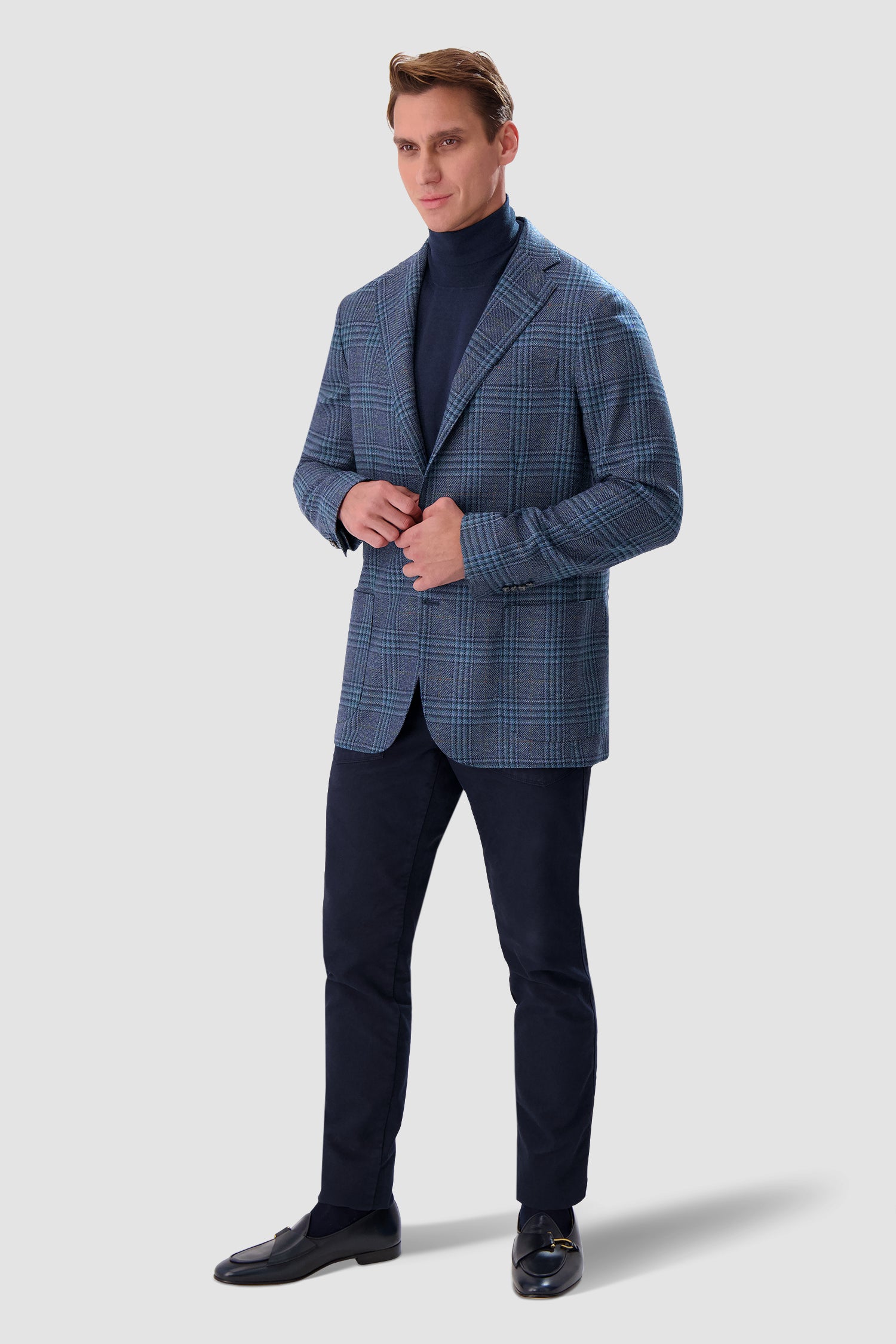 Barba Napoli Blue Checkered Long 2B Blazer for Men - Premium Wool Business Suit Jacket | Perfect for Office Wear, Formal Events & Wedding Attire