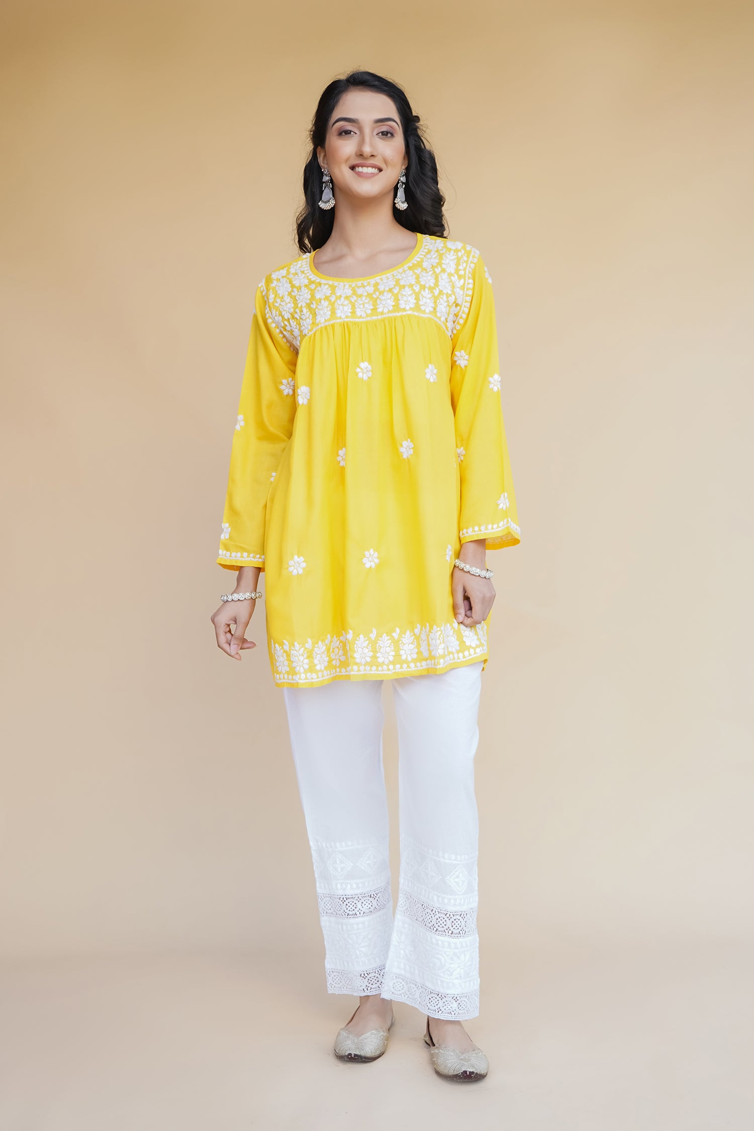 Yellow Cotton Chikankari Short Kurta for Women - Traditional Indian Embroidered Top for Casual Wear & Festive Occasions